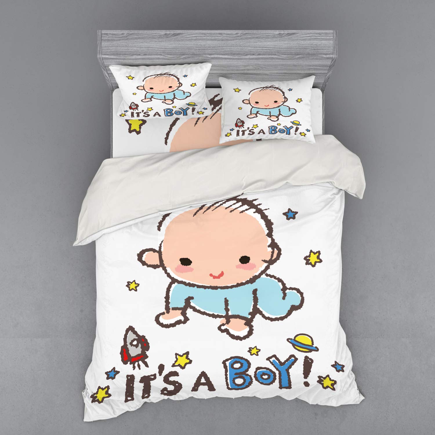 Ambesonne Vintage Cartoon Duvet Cover Set - Stars, Rockets & Lettering Design - 3 Piece Queen Size Bedding with Sham & Fitted Sheet - Multicolor Retro Space Theme for Kids Room & Teen Bedroom Decor
