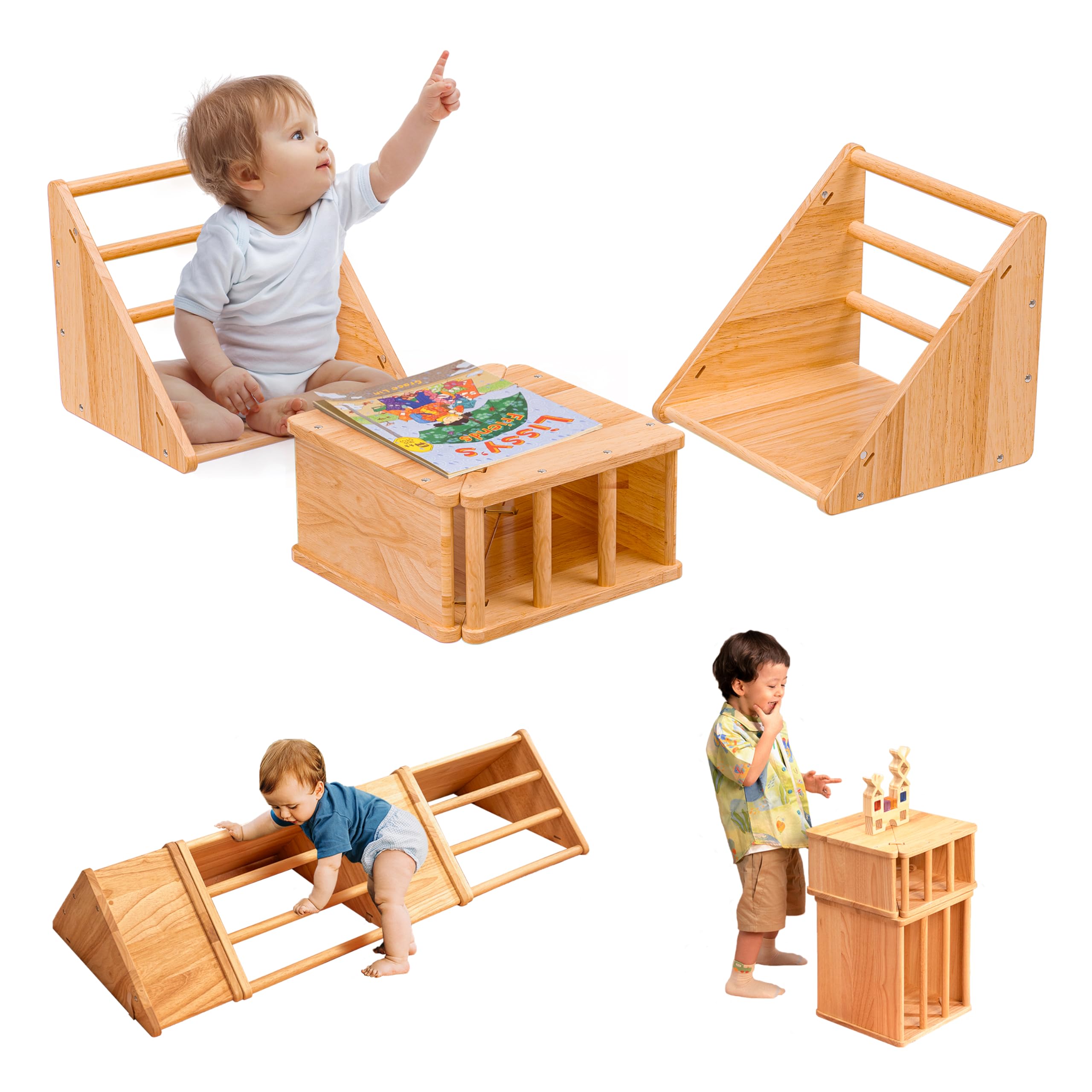 Wooden Kids Triangle Table and Chair Set - Convertible Single & Double Table with Mini Climbing Toys for Toddlers - Montessori Learning & Play Furniture for Reading, Climbing, and Indoor Activities