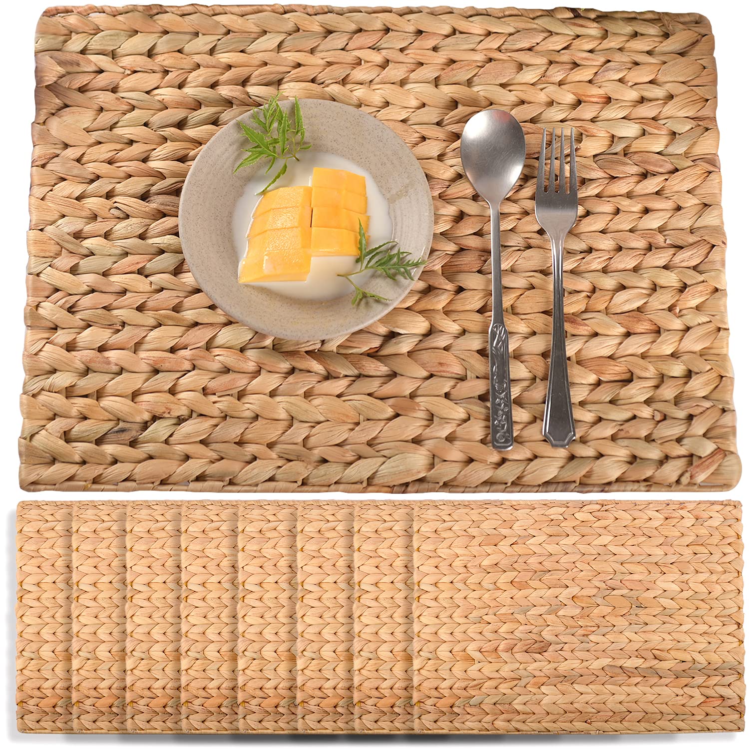 Natural Woven Water Hyacinth Placemats Set of 8 - 17x12 Inch Rectangular Boho Wicker Table Mats for Dining Room Decor, Christmas & Thanksgiving Dinner - Eco-Friendly Kitchen Table Accessories for Home Entertaining