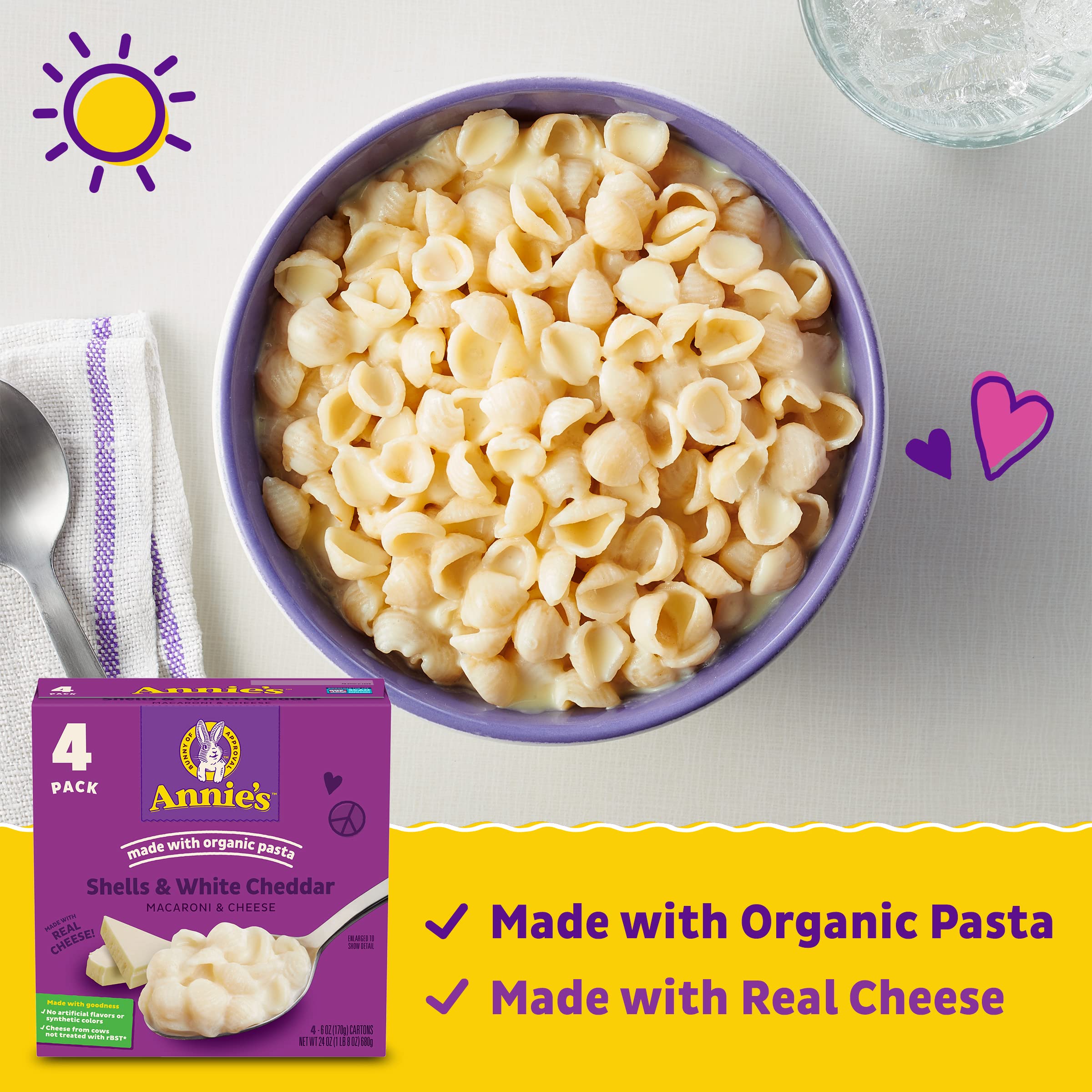 Organic Annie's Shells & White Cheddar Mac and Cheese - 4 Pack (24 oz) | Quick Dinner, Kids Lunch, or After-School Snack | Gluten-Free Pasta with Real Cheese