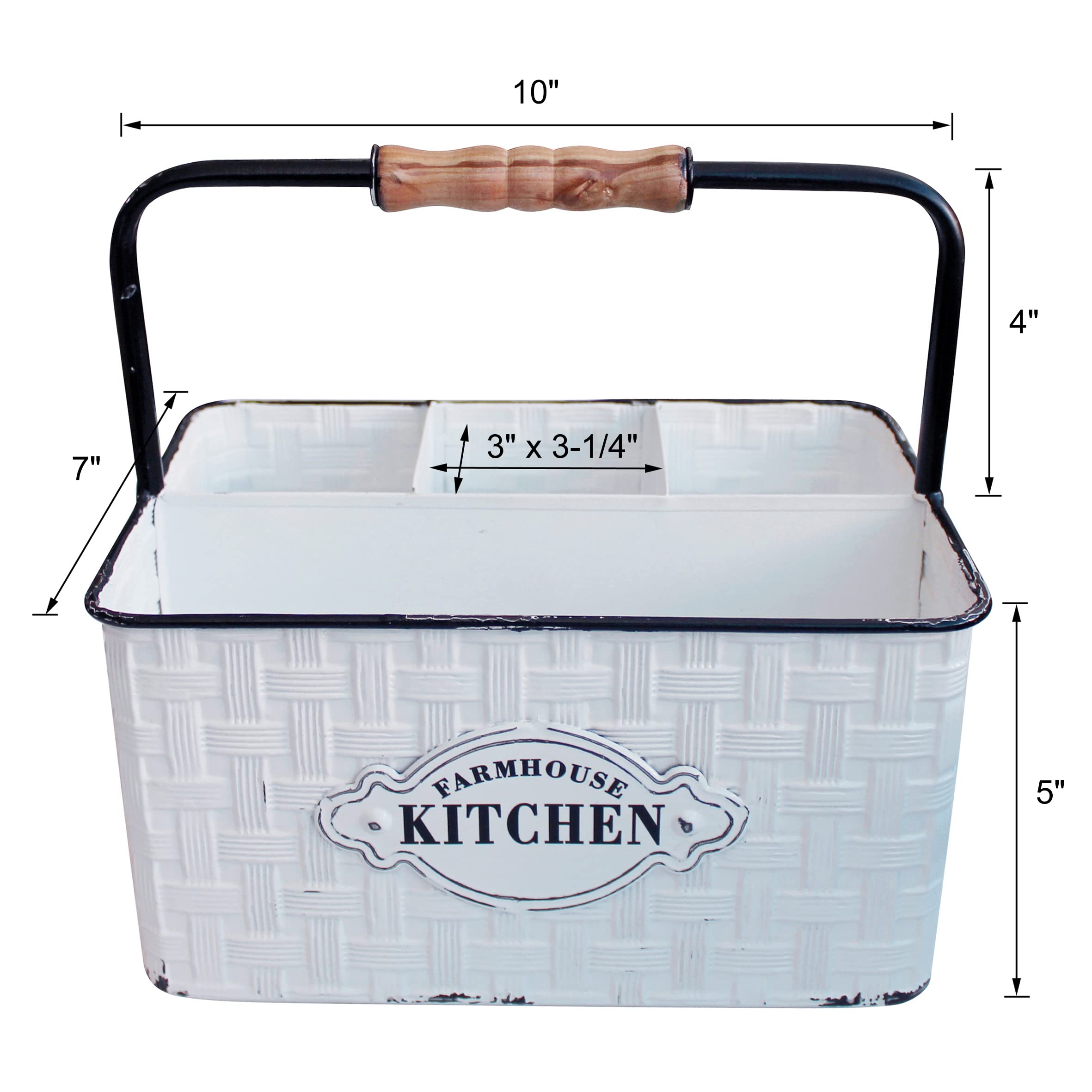 Rustic Distressed Metal Silverware Organizer - Enamel Finish Utensil Caddy with Wood Handle & 4 Compartments | Flatware Holder & Tabletop Organizer for Kitchen, Dining Room, or Restaurant | White Home Decor