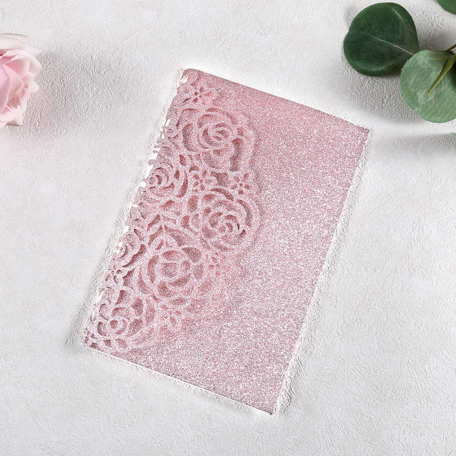 4.7x7 Inch 50PCS Personalized Rose Gold Glitter Quinceanera Invitations Kit - Laser Cut Hollow Rose Design with Envelopes - Perfect for Sweet 15, Quinceañera Celebrations & Birthday Party Invitations