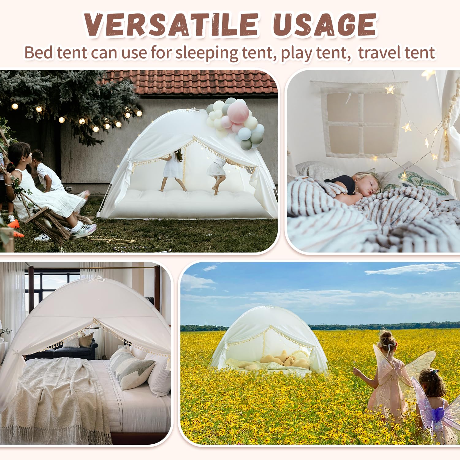 **Bohemian Tassel Twin Bed Tent for Kids – Indoor Privacy Canopy for Girls & Boys, White Play Tent for Dreamy Sleep & Play | Perfect for Bedrooms, Sleepovers & Imaginative Play**