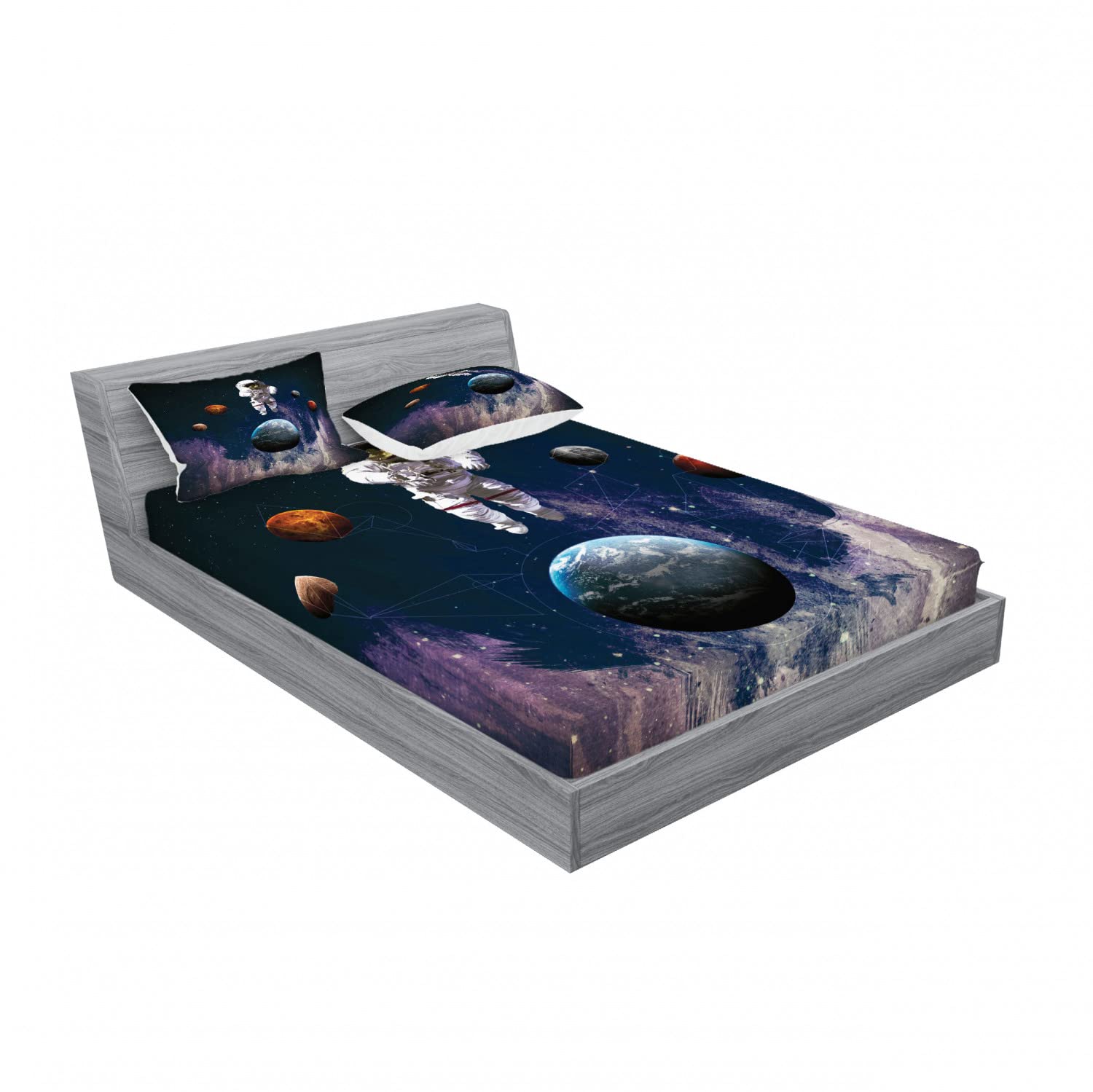 Ambesonne Space Themed 2-Pack Queen Size Fitted Sheet Set with 4 Pillow Shams - Astronaut & Nebula Galaxy Print Bedding Collection for Kids & Adults - Perfect for Space Enthusiast Bedrooms, Dorm Rooms & Themed Decor