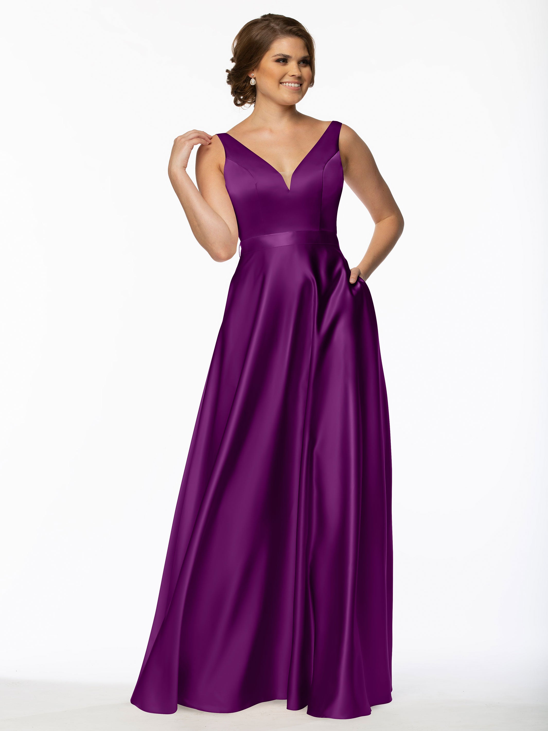 Elegant 80118 Satin A-Line Bridesmaid Dress with V-Neckline & Sash - Perfect for Weddings, Formal Events & Special Occasions