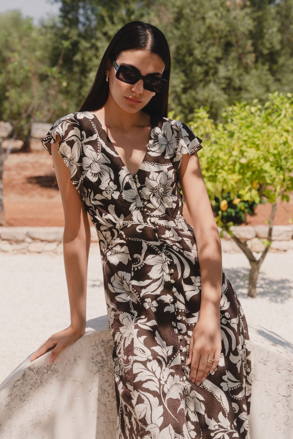 Elegant Floral Print Fluted Sleeve Button Front Midi Dress for Women | Perfect for Weddings, Parties & Date Nights