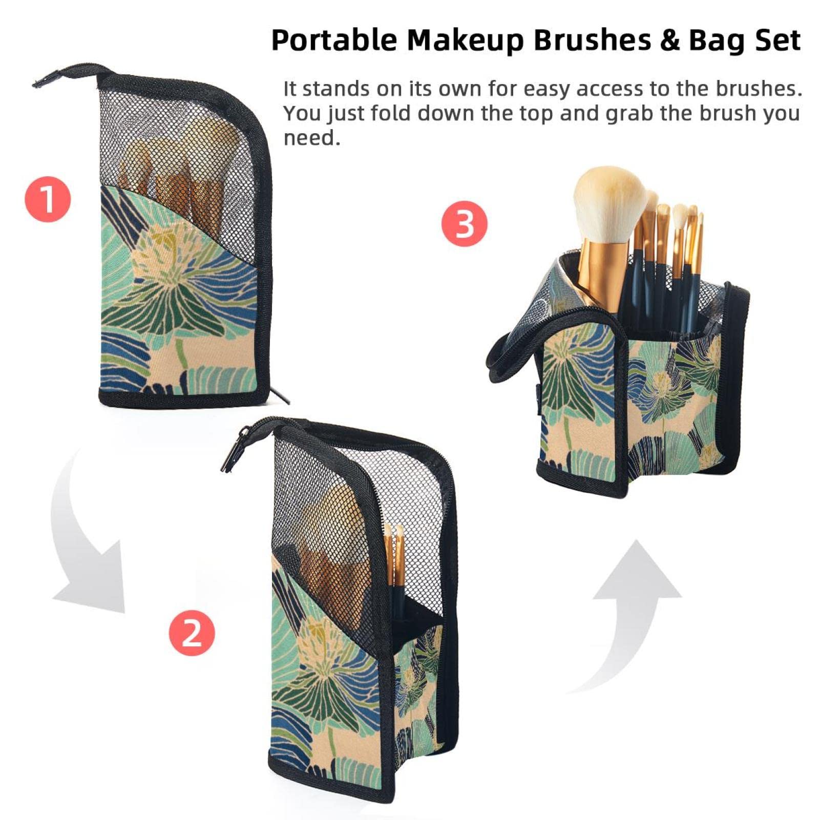 12-Piece Makeup Brush Organizer Bag with Floral Lotus Design - Portable Cosmetic Brush Holder Case for Travel, Home & Professional Makeup Artists