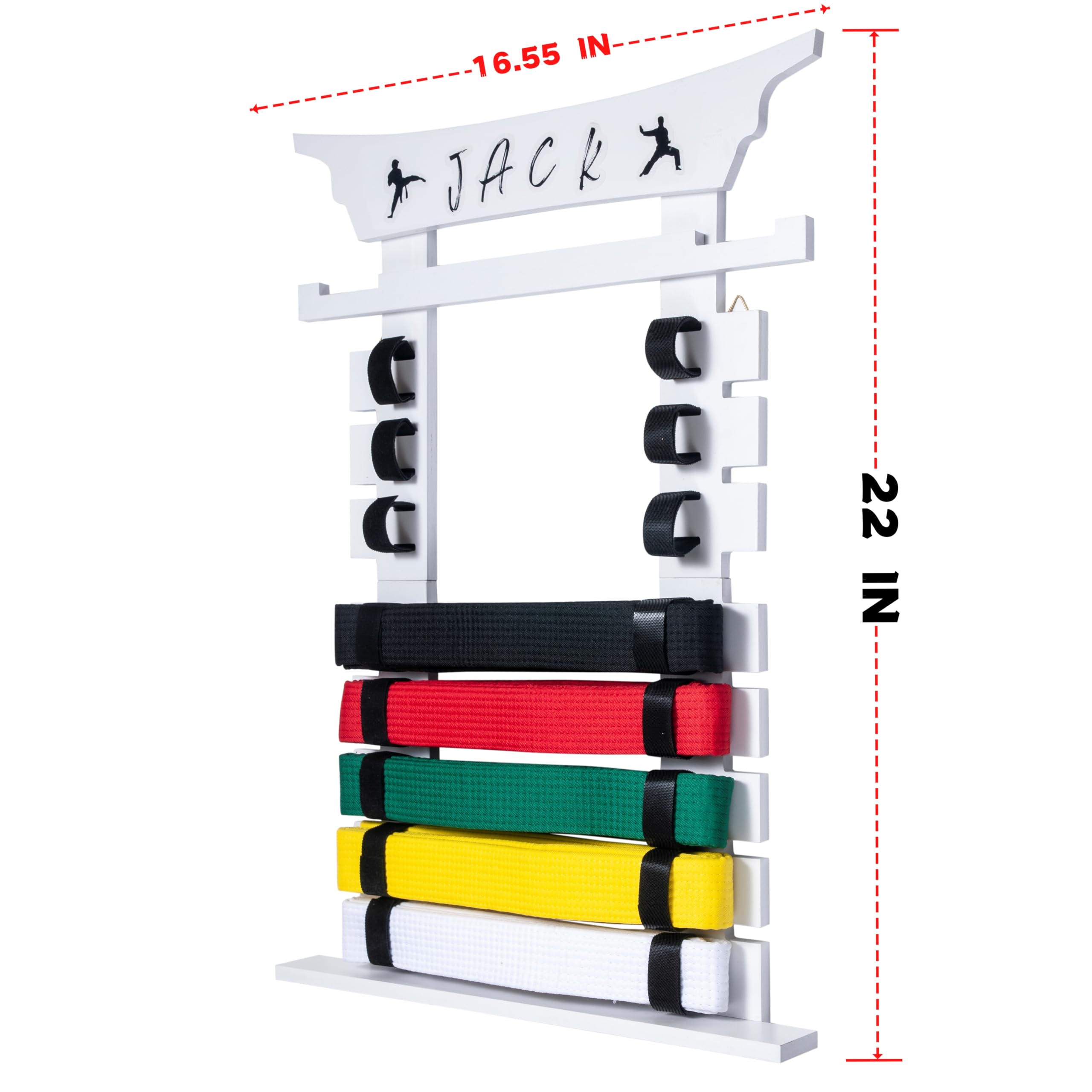 Black Wall Mounted Karate Belt Display Rack with Medal Hanger & Stickers - 8 Belt Taekwondo Holder for Kids & Adults - Perfect for Dojo, Gym & Home Martial Arts Decor