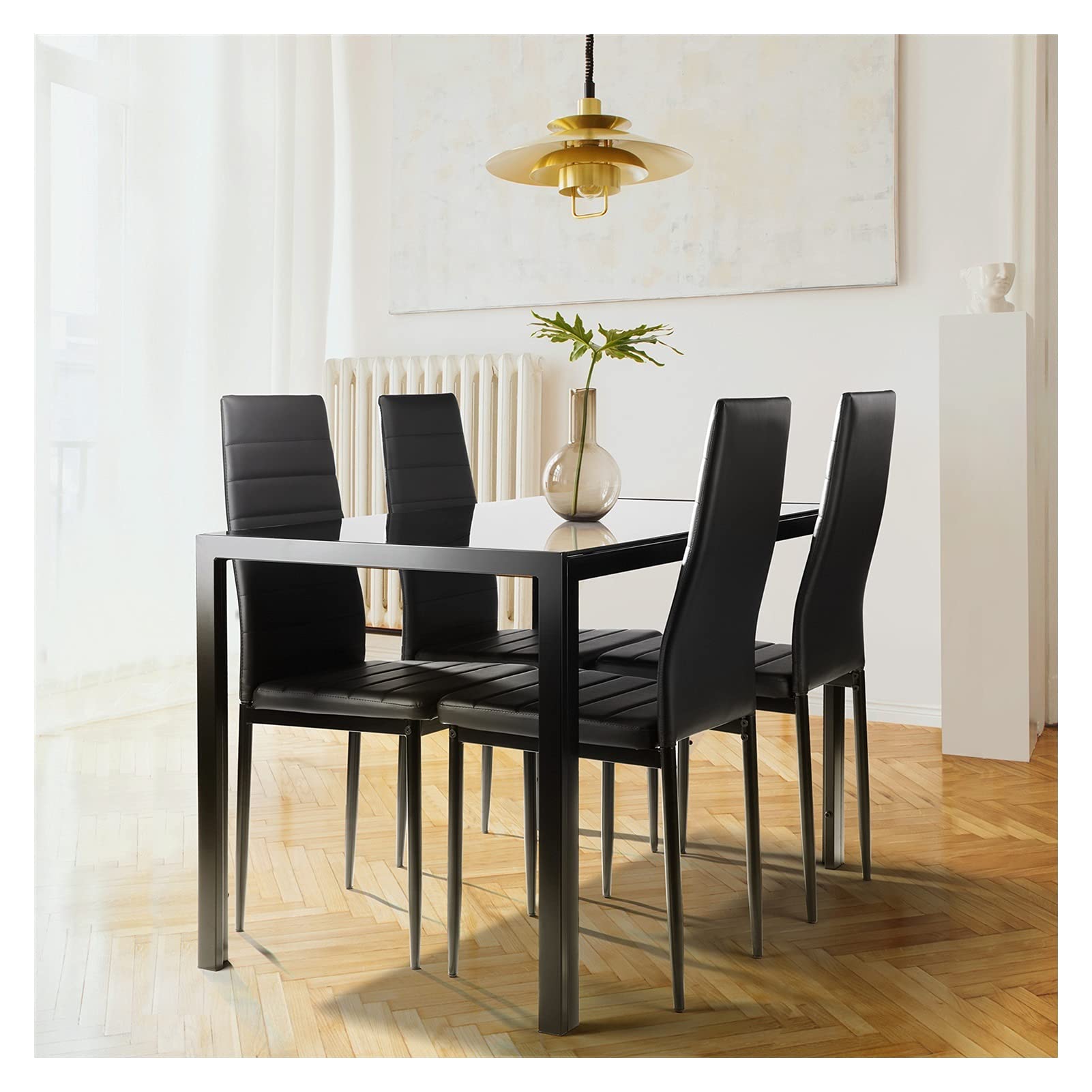 WHNB 5-Piece Tempered Glass Dining Table Set for 4 with Faux Leather Chairs - Modern Kitchen & Small Space Dining Room Furniture for Family Meals & Entertaining Guests