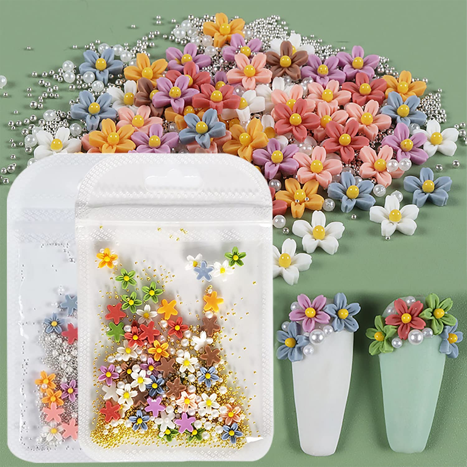 SILPECWEE 3D Nail Charms - Mix Color Nail Flowers, Gold & Silver Nail Beads for DIY Nail Art, Nail Decoration & Craft (2 Bags) - Perfect for Nail Salon, Home Manicure, Party & Wedding Nail Designs