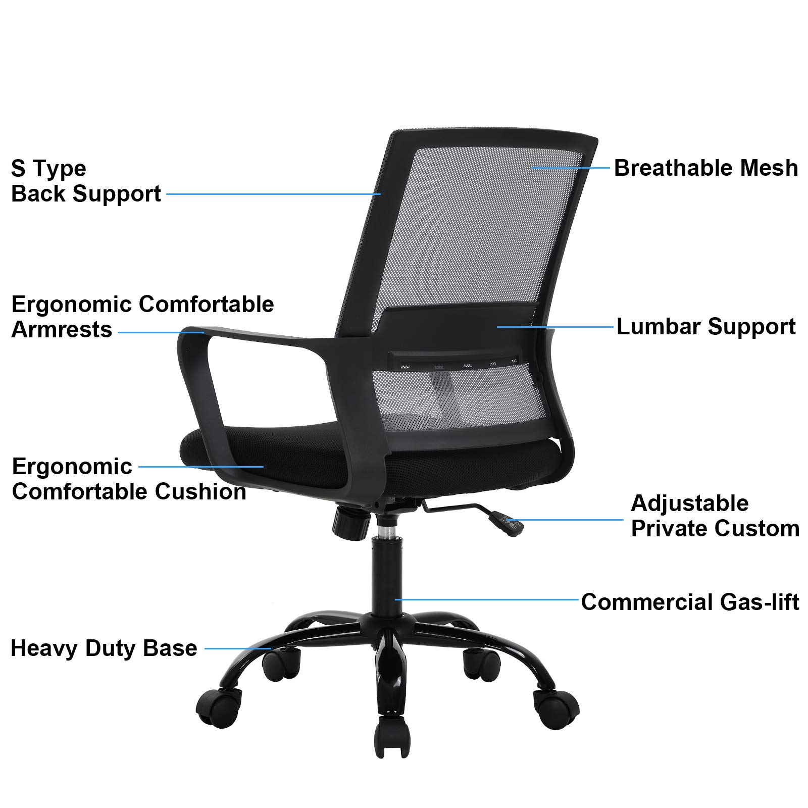 Ergonomic Office Chair with Adjustable Lumbar Support - Mid Back Mesh Computer Desk Chair with Armrests, Swivel & Rolling Wheels - Modern Executive Task Chair for Home Office, Gaming & Workspace - Gray