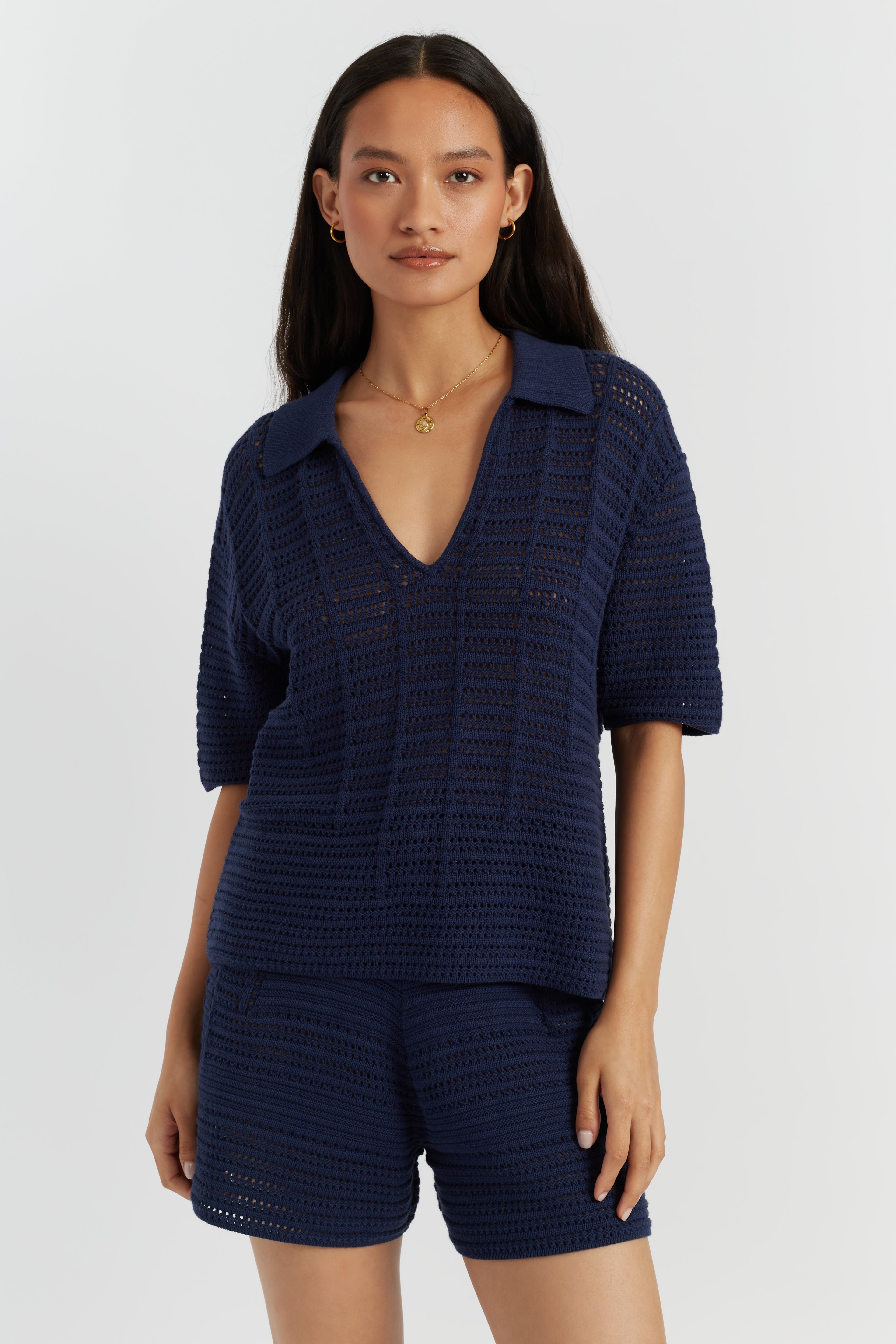 Navy Blue Cotton Crochet Shirt for Women - Breathable Summer Boho Top - Perfect for Beach, Vacation & Casual Outings