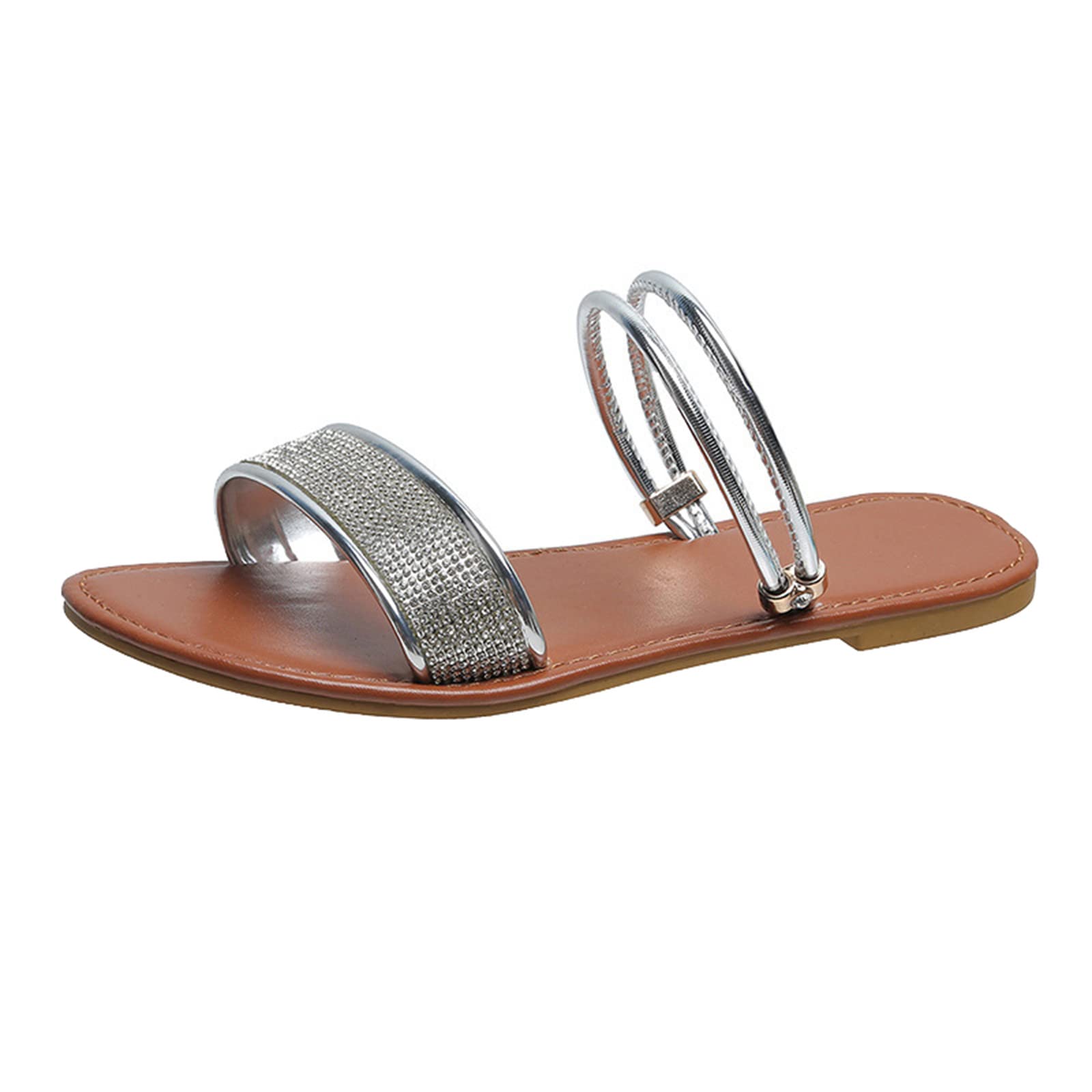 Women's Gold Glitter Rhinestone Leather Sandals - Fashionable Flat Summer Sandals for Beach, Party & Casual Outings