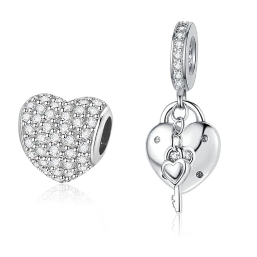 Sparkling Heart and Key Padlock Heart Dangle Charm