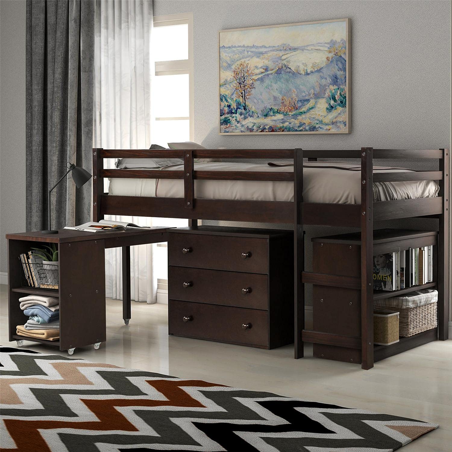 JINS&VICO Twin Loft Bed with Storage Cabinet & Rolling Desk - Wooden Study Loft Bed Frame with Shelves for Teens, Boys & Girls - No Box Spring Needed - Espresso Finish (78.4