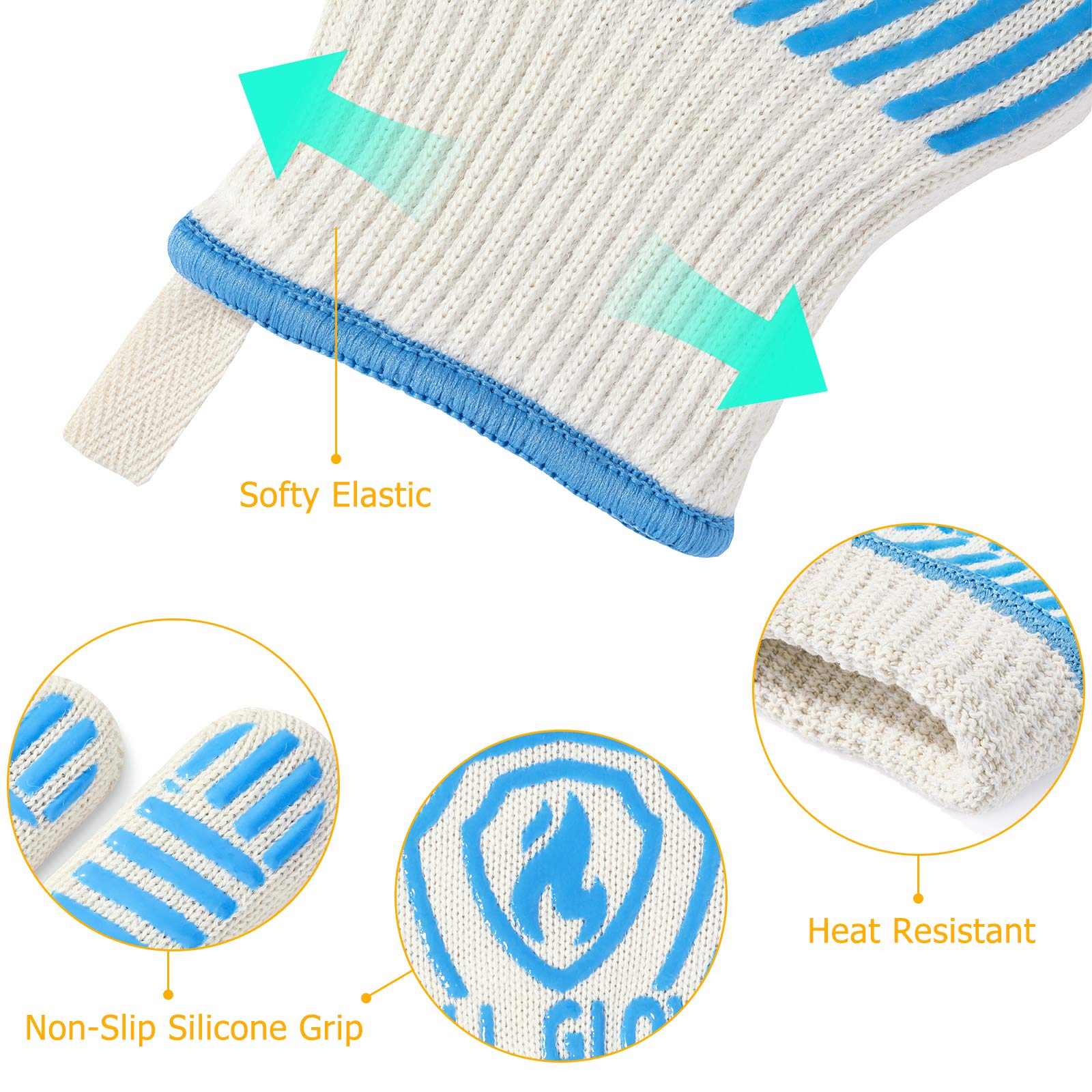 QUWIN Heat Resistant BBQ Gloves - 1472℉ Extreme Heat Protection, Non-Slip Silicone Oven Mitts for Grilling, Cooking & Baking - Perfect for Outdoor BBQ, Camping & Kitchen Use (Blue, One Size Fits Most)