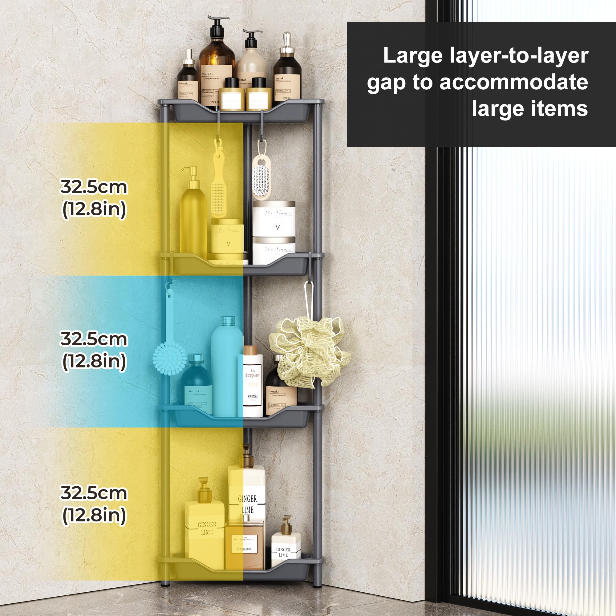 Rustproof 4-Tier Floor Standing Corner Shower Caddy Organizer - Plastic & Metal Bathroom Storage Shelf (10.8