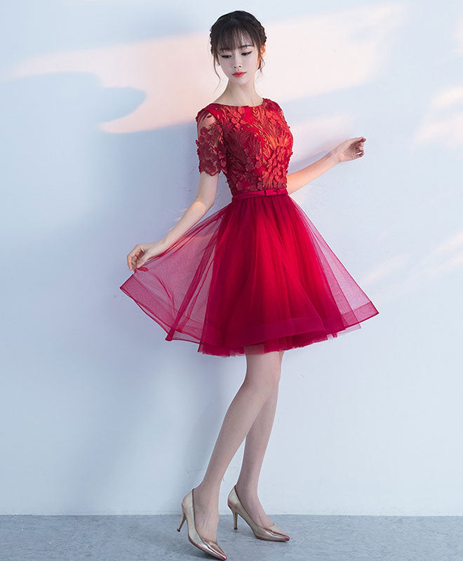 Elegant Burgundy Round Neck Tulle Lace Short Prom Dress for Homecoming, Party, and Special Occasions - Perfect for Dances, Weddings, and Formal Events