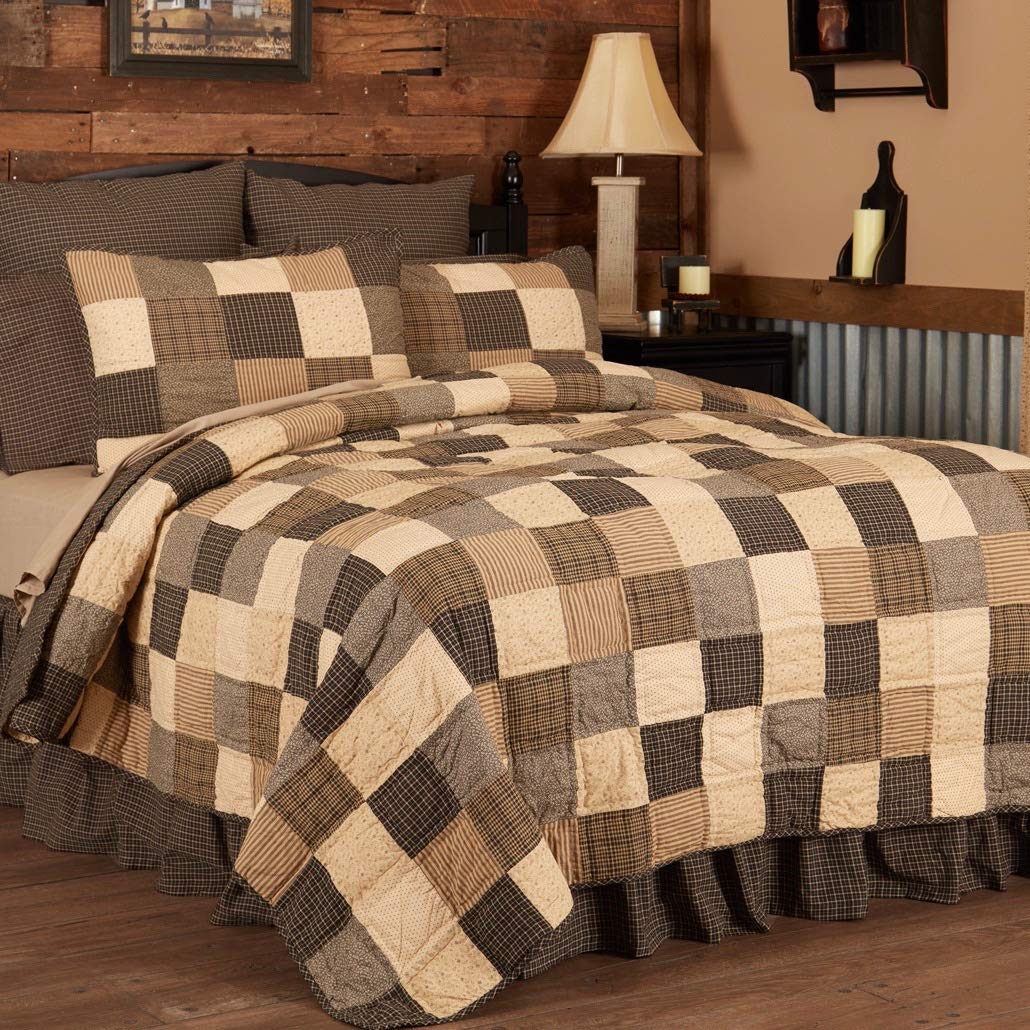 VHC Brands Kettle Grove 3-Piece California King Quilt Set - Primitive Country Patchwork Design in Black & Cream | Farmhouse Bedding for Cozy Bedroom Decor