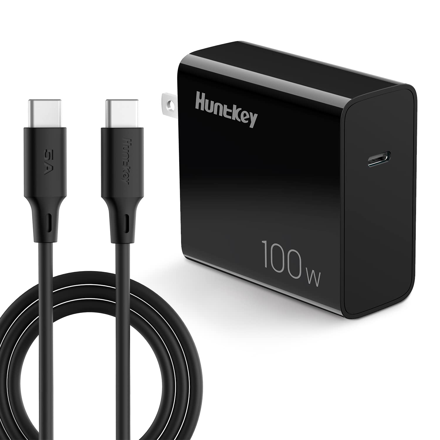 Huntkey 100W GaN Fast USB C Wall Charger with 6.6ft USB C to C Cable - Compatible with MacBook Pro/Air, iPhone 14/Pro/Max, iPad Pro, Galaxy S22/S20, Google Pixelbook, Dell XPS, ThinkPad - Perfect for Travel, Office & Home Charging