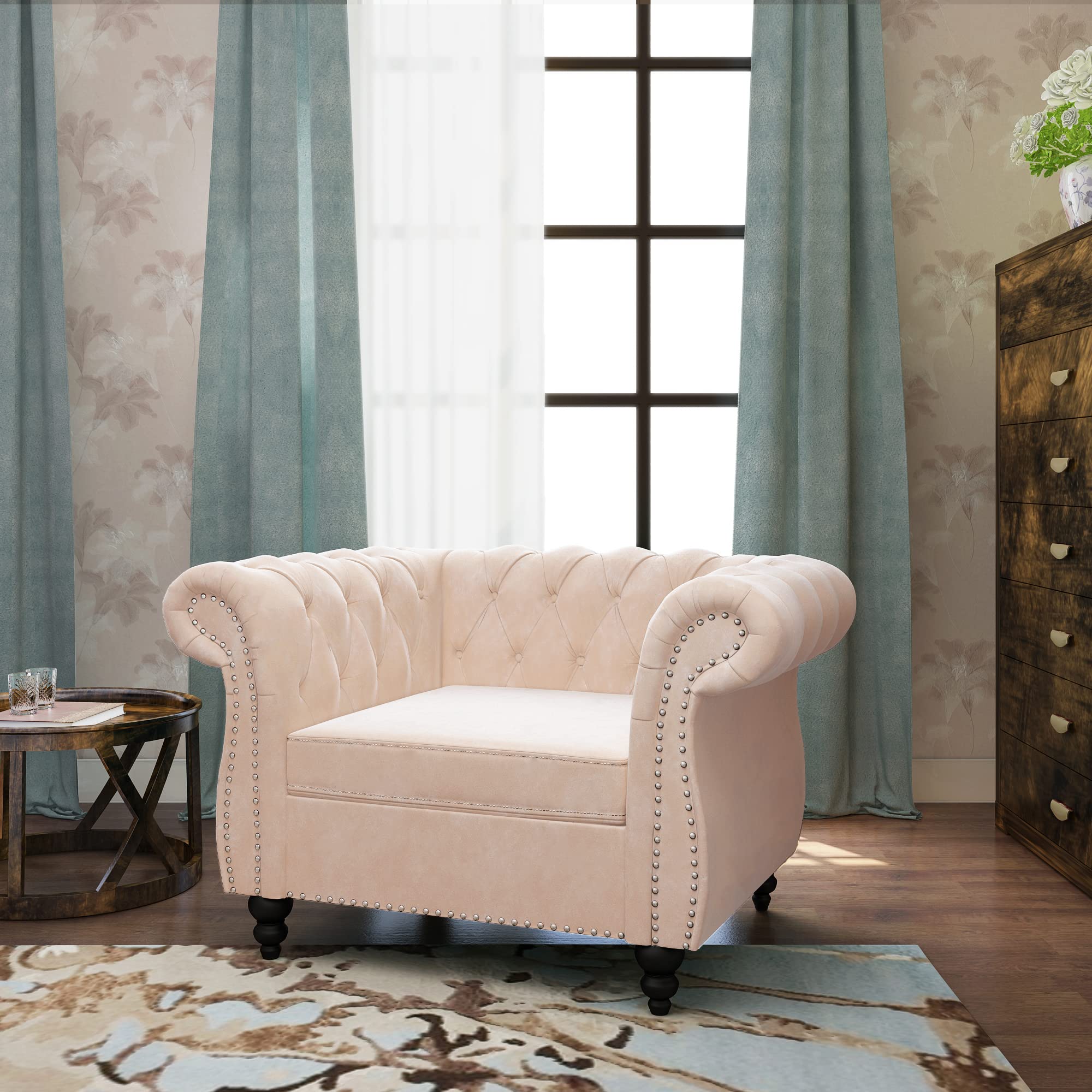 RARZOE Contemporary Velvet Chesterfield Chair - Tufted Button Accent Chair with Scrolled Arms & Nailhead Trim - Luxurious Velvet Upholstery for Living Room, Bedroom, Office - Perfect for Home Decor, Reading Nook & Cozy Sitting Area (Beige)