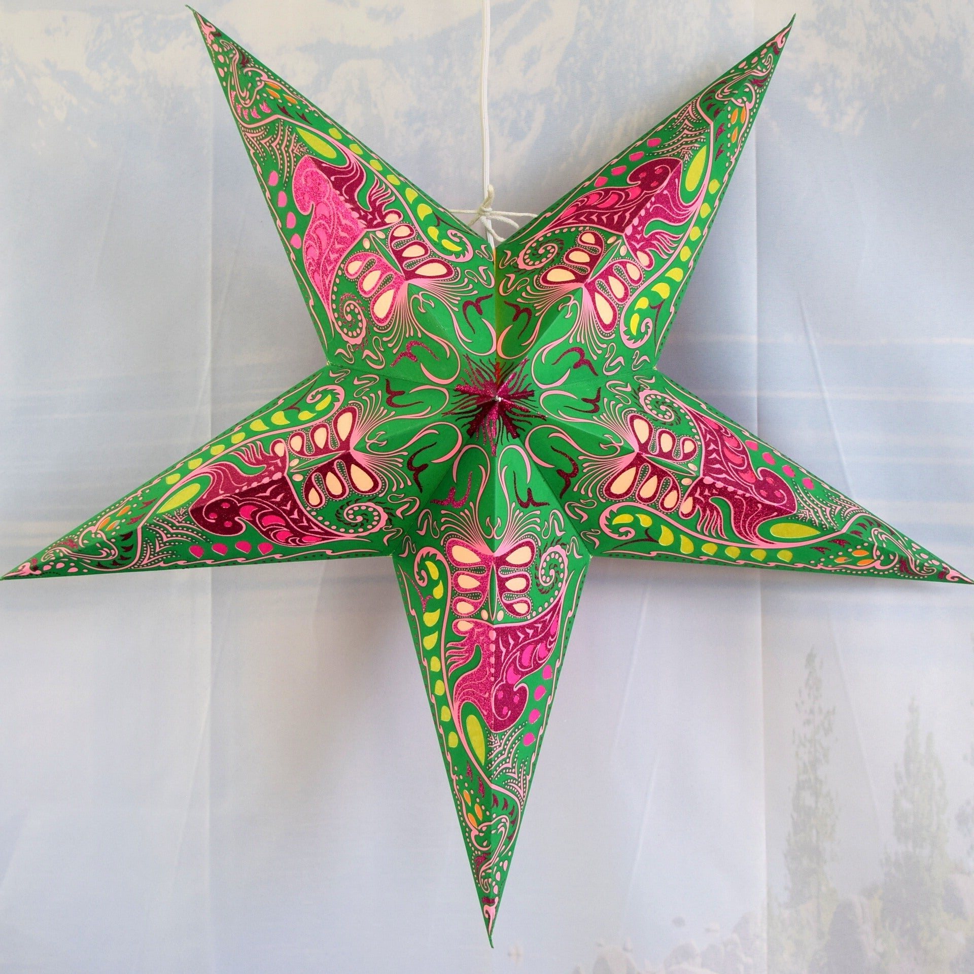 3 Pack 24 Inch Paper Star Lanterns - Green Pink Nebula Design with Triple Pendant Lights | Party Decor, Wedding Centerpiece, Boho Home Decor, Nursery Lighting