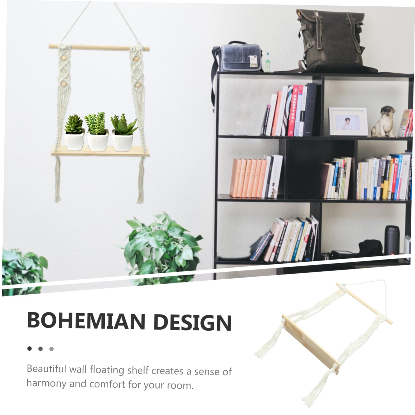 Boho Cotton Rope Floating Plant Shelf - Macrame Plant Hanger for Indoor & Outdoor Decor - Handmade Wall Shelf for Succulents, Air Plants & Home Decor