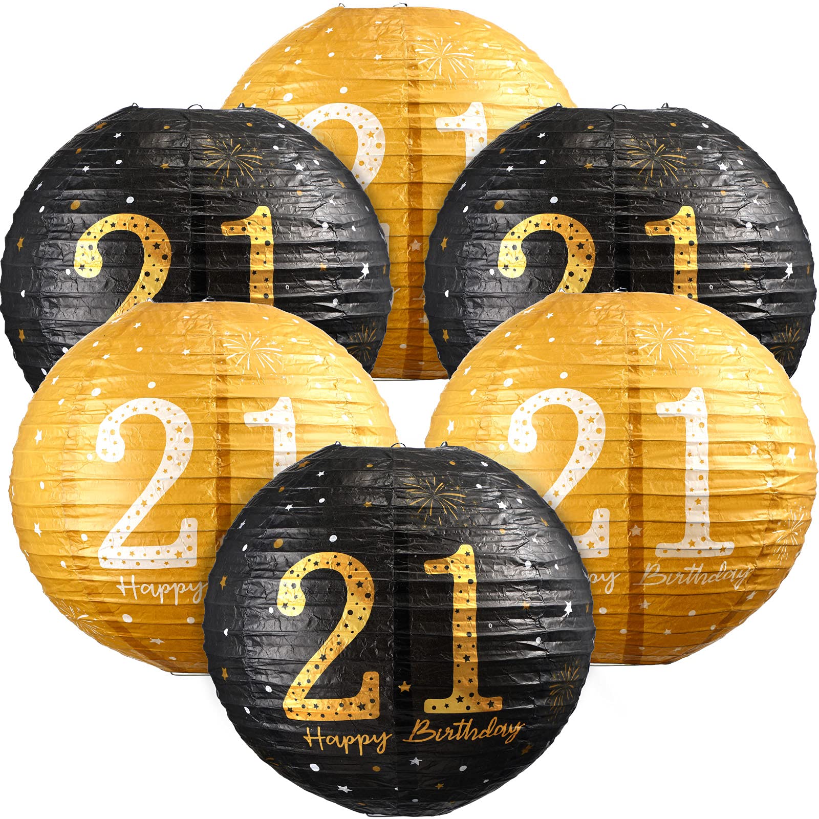 6-Piece Black & Gold Glitter Hanging Paper Lanterns Set - Birthday Party Decorations for Men, Women & Teens - 21st Birthday, Anniversary & Celebration Supplies - Perfect for Indoor/Outdoor Parties, Baby Showers & Graduation Events
