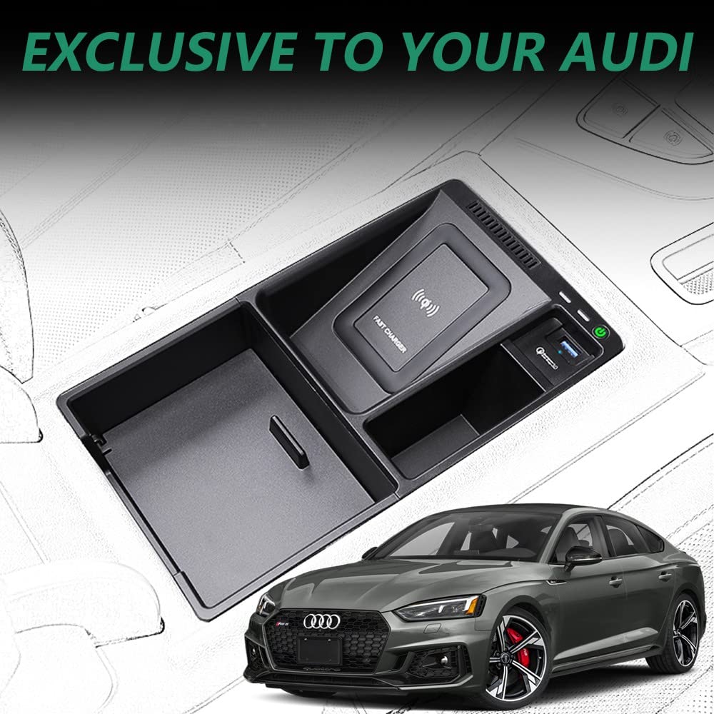 15W Qi Fast Wireless Car Charger for Audi A4 S4 RS4 A5 S5 RS5 (2017-2022 Models) - Armrest Insert Charging Pad with Storage Box | Perfect for Commuting, Road Trips & Hands-Free Charging