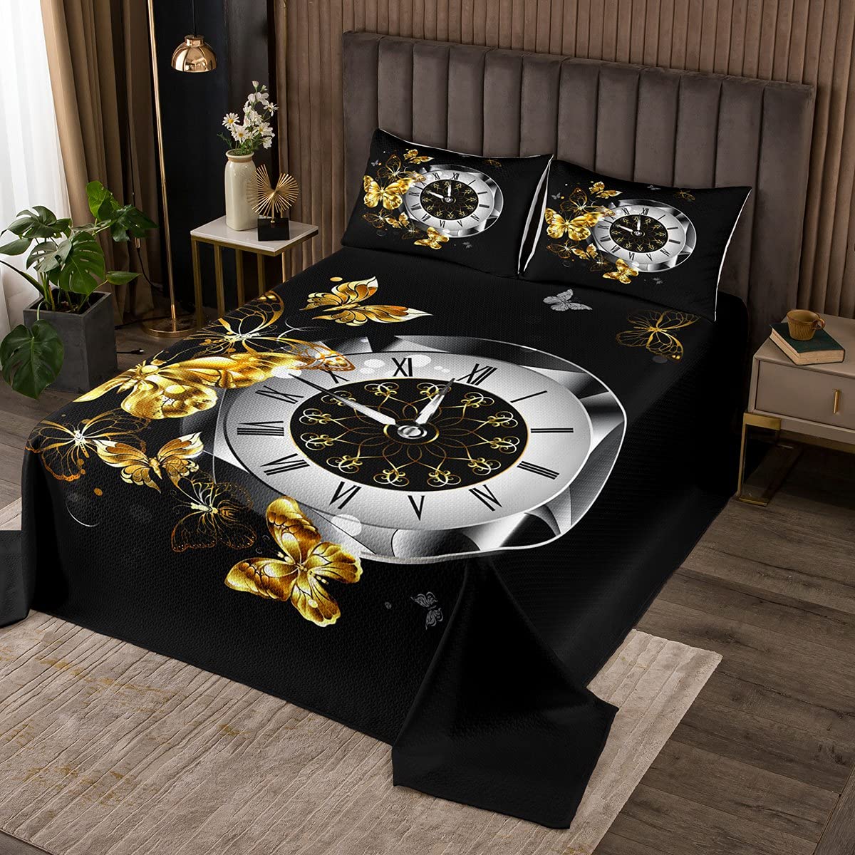 Luxury Golden Butterfly Bedding Set - Ultra Soft Microfiber 3-Piece Reversible Coverlet with Queen Size Bedspread | Elegant Minimalist Design for Master Bedroom Decor & Guest Room Makeover