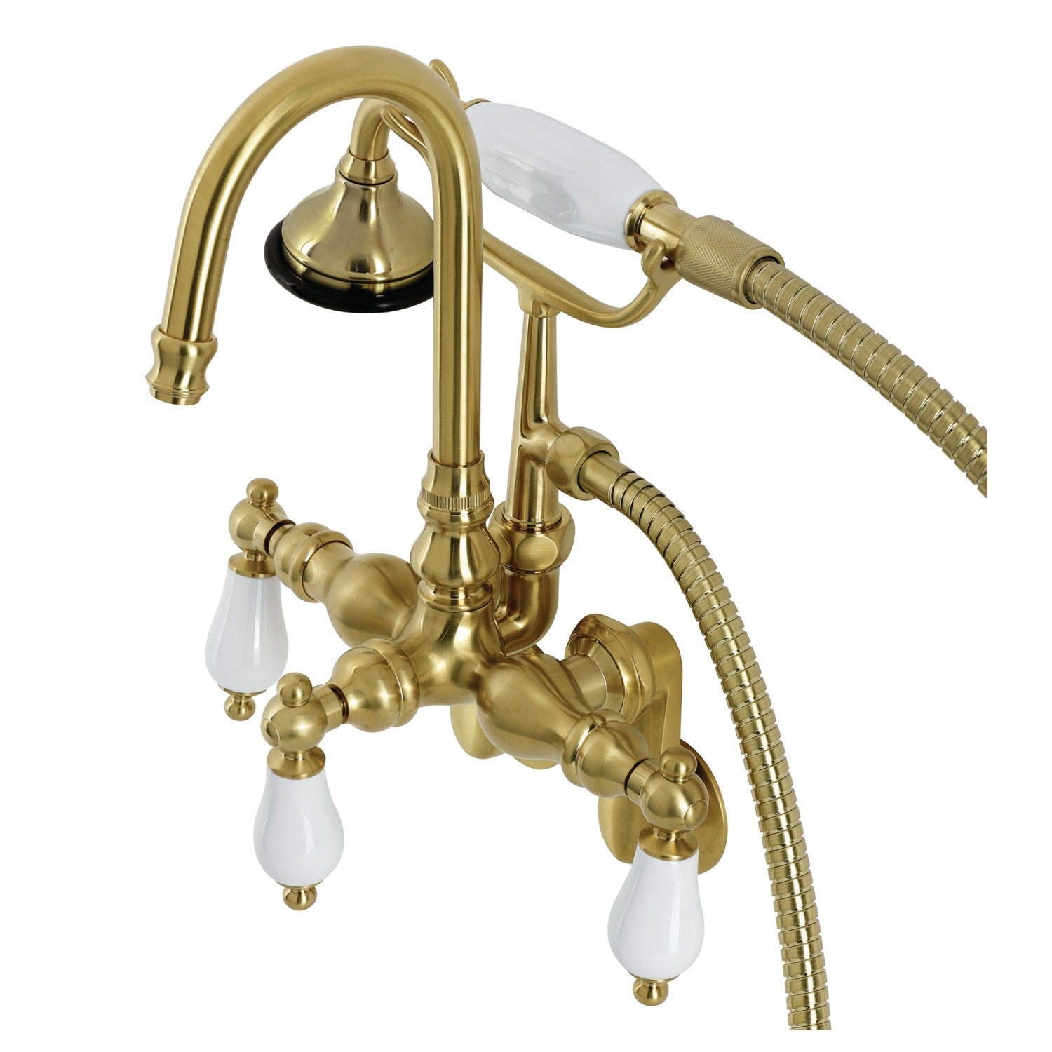Vintage Style Aqua AE305T7 Three-Handle Wall Mount Clawfoot Tub Faucet with Hand Shower in Brushed Brass - Perfect for Bathroom Renovation & Antique Tub Restoration Projects