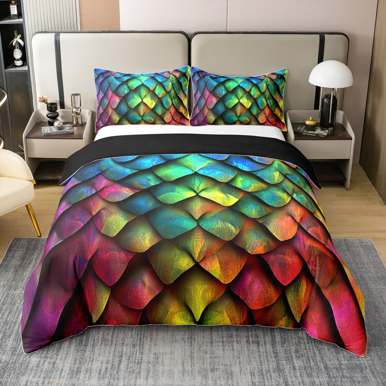 Erosebridal 100% Cotton Mermaid Scales Duvet Cover Twin Size - Rainbow Fish Scales Comforter Cover Set with Ocean Marine Life Animal Print - Underwater World Bedding for Kids & Teens Bedroom Decor - Perfect for Beach Themed Rooms, Nautical Decor, and Sea Lover's Bedroom