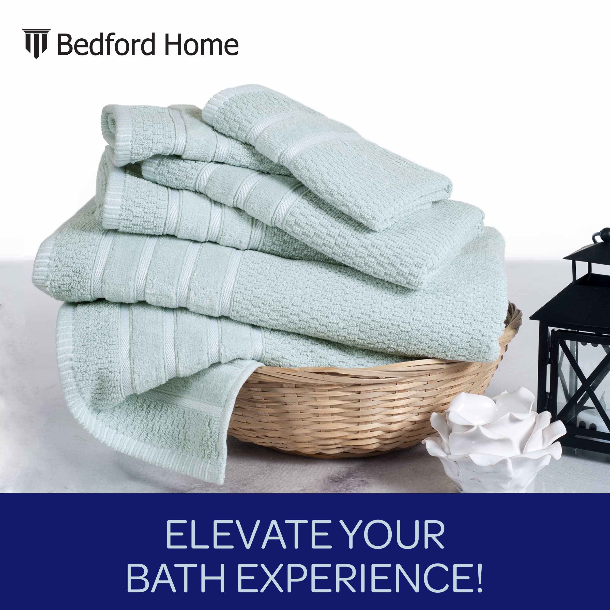Bedford Home 100% Cotton Rice Weave 6-Piece Bath Towel Set in Seafoam Green | Soft & Absorbent for Spa, Bathroom & Beach Use