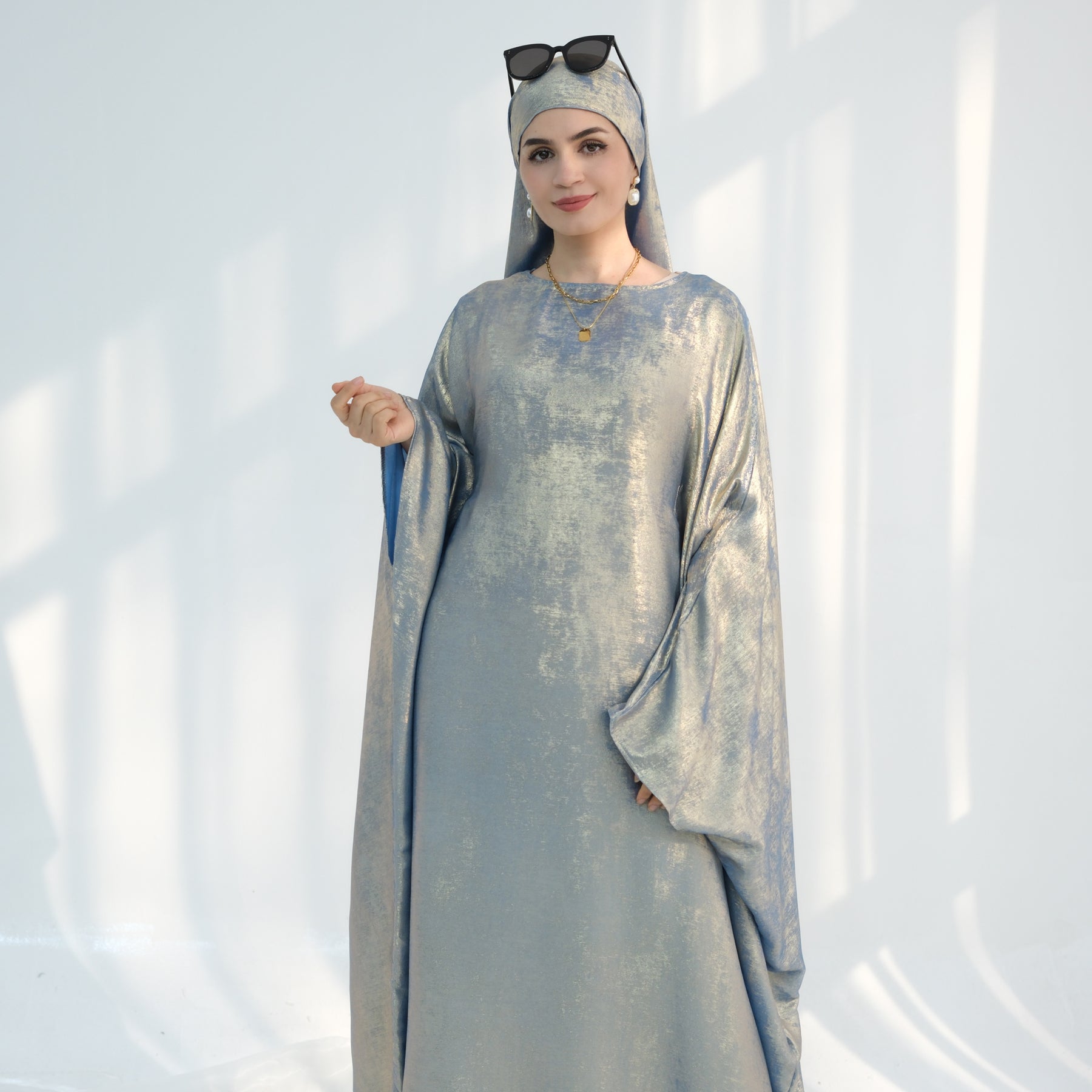 Linora Elegant Shimmer Butterfly Abaya Dress for Women - Sage Green Islamic Prayer Gown | Perfect for Eid, Ramadan, and Special Occasions