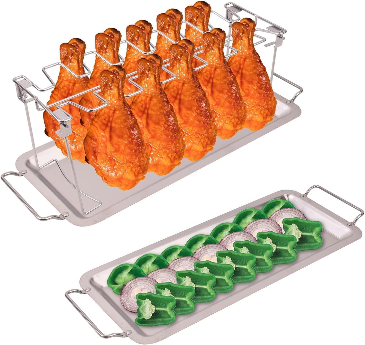Stainless Steel Chicken Leg Rack for Grill with Drip Tray - 14 Slot Drumstick Holder Roaster Stand for Smoker, Oven, BBQ & Picnic | Perfect for Backyard Grilling, Tailgating & Outdoor Cooking Accessories