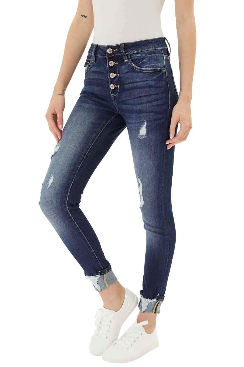 Kan Can Women's High Rise Button Fly Distressed Super Skinny Jeans - Vintage Denim Pants for Casual Wear, Night Out & Everyday Fashion
