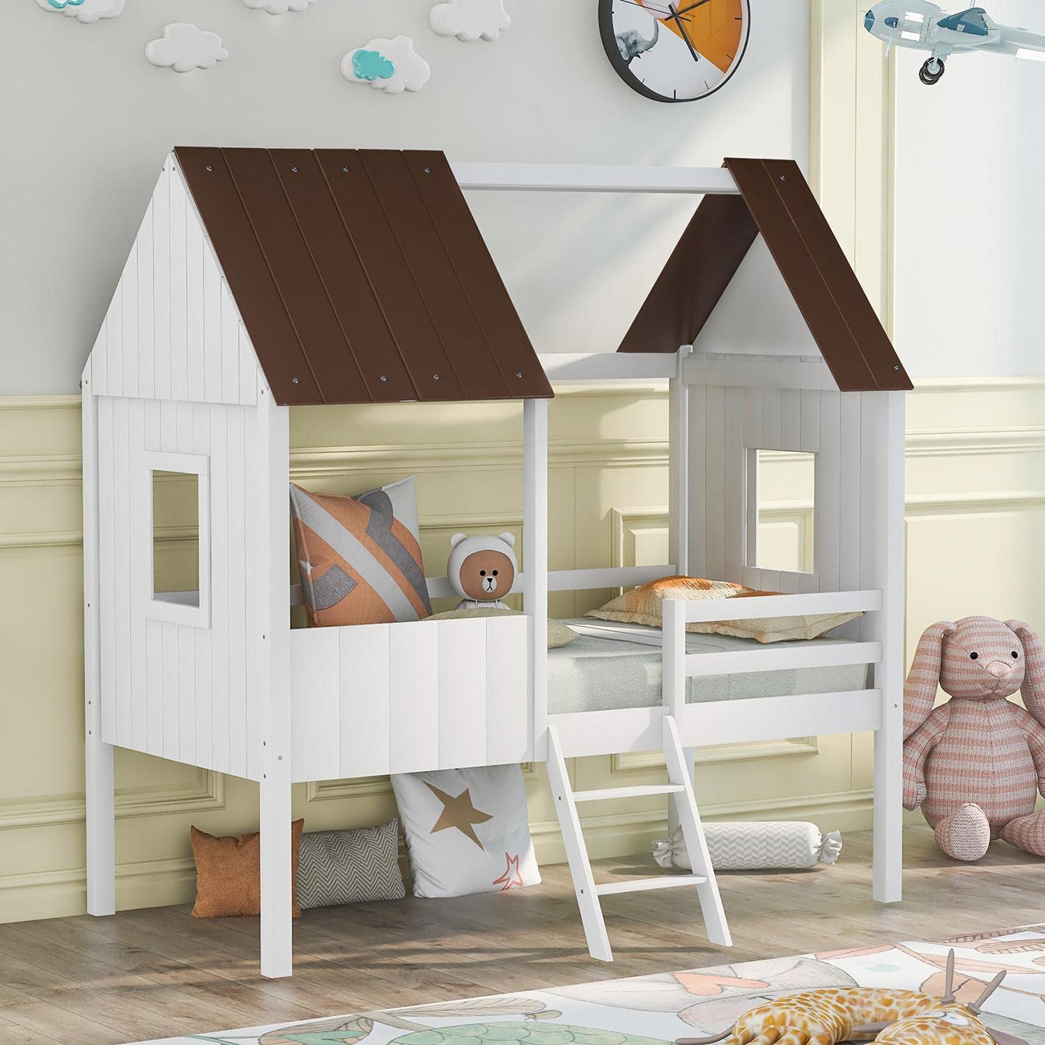 Twin Size House Bed Frame with Windows & Roof - Low Loft Bed for Teens, Kids, Boys & Girls - Under Bed Storage - Antique Gray & White (80.6