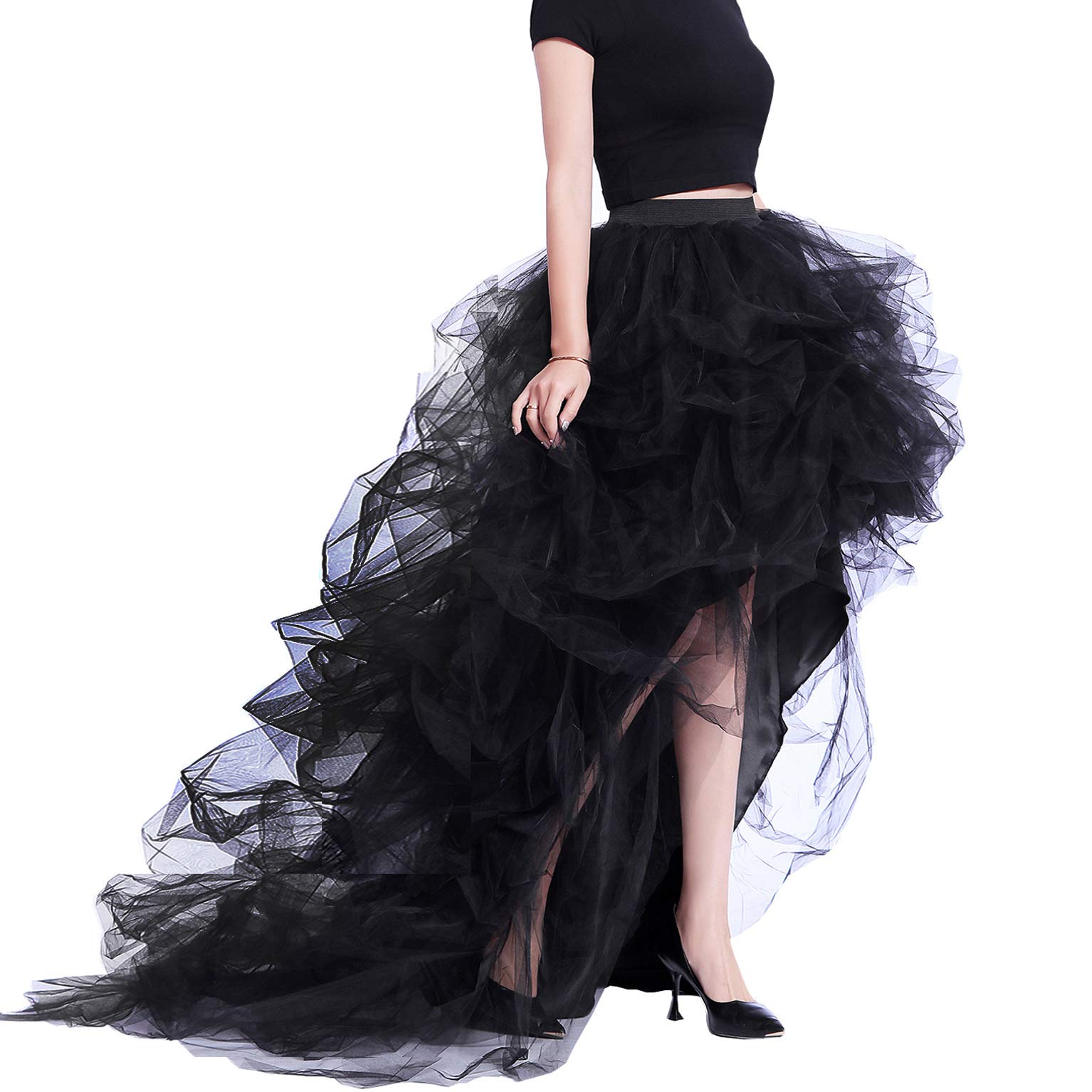 Lisong Women's Black Tulle Floor-Length Layered High-Low High Waist Party Skirt for Prom, Wedding, Evening Gala & Special Occasions
