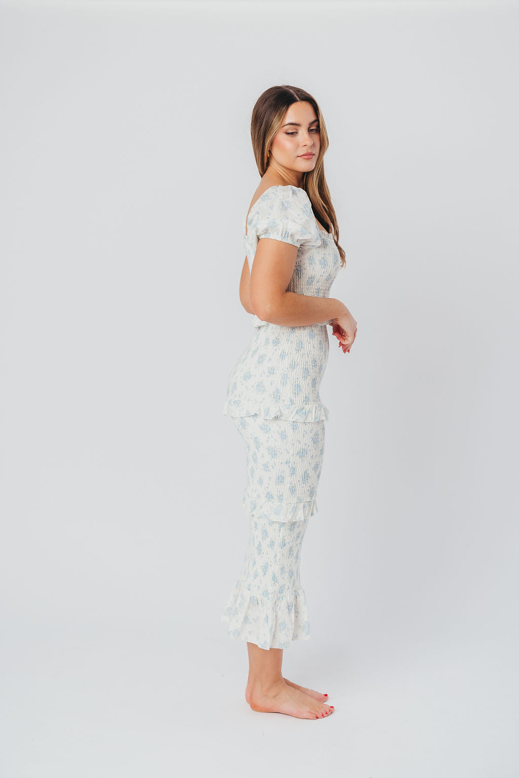 Ada Smocked Dress in Blue Floral - Bump Friendly Maternity Dress with Inclusive Sizing (S-3XL) | Perfect for Baby Showers, Bridal Events & Summer Weddings