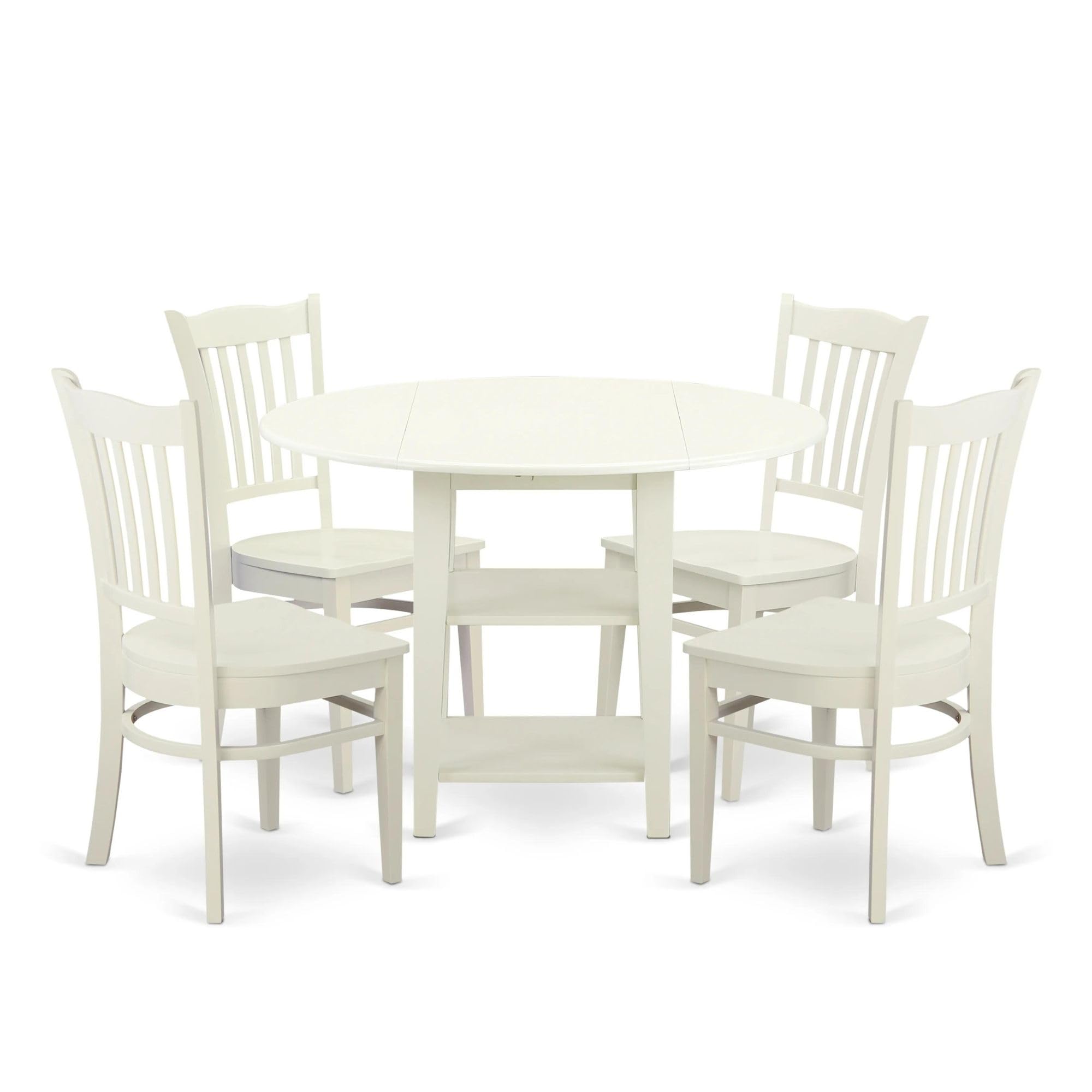 East West Furniture SUGR5-LWH-W 5-Piece Round Dining Table Set with Drop Leaf & Storage Shelves - Includes 42x42 Inch Kitchen Table & 4 Chairs, Linen White - Perfect for Small Spaces, Breakfast Nooks & Cozy Apartments