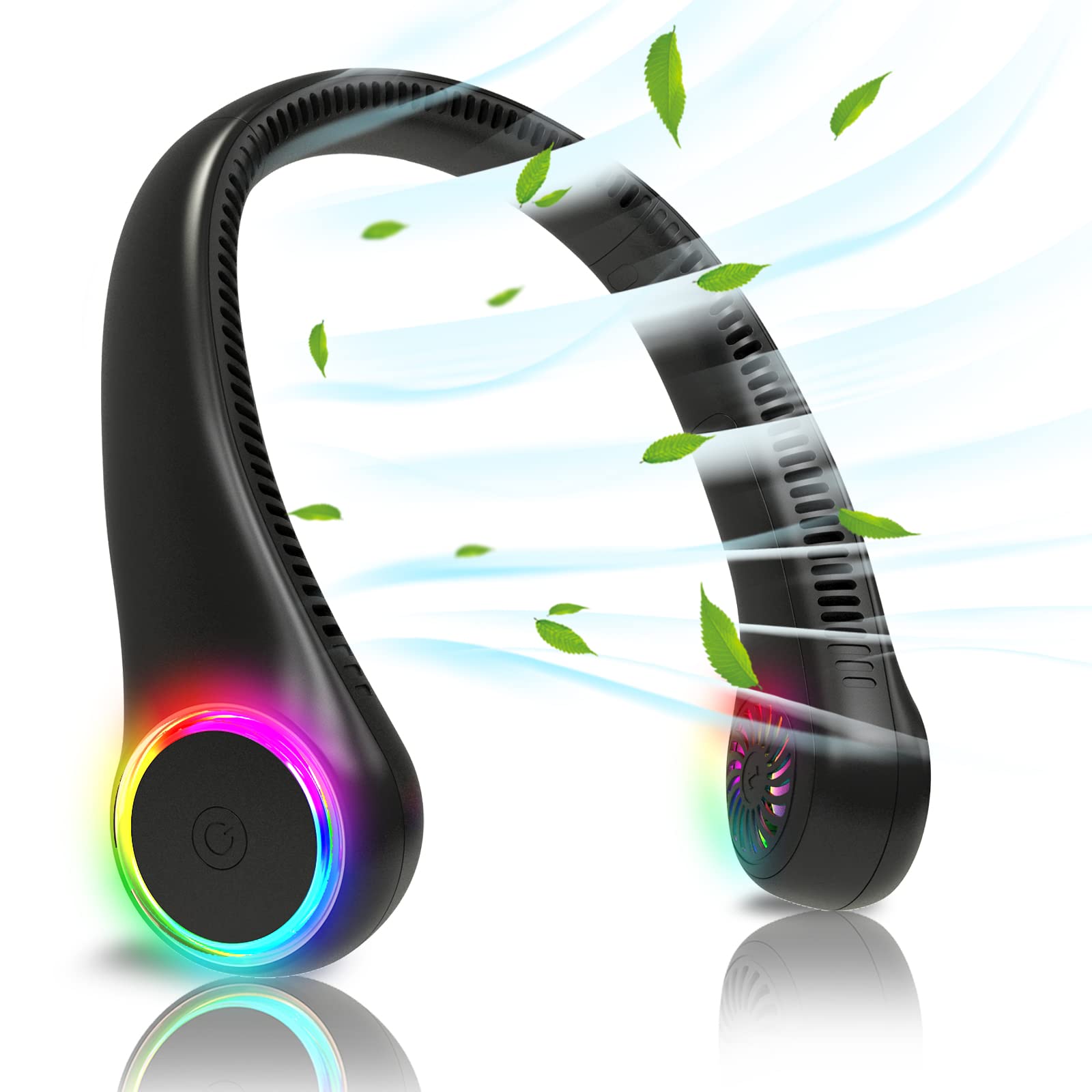 GULAKI Bladeless Portable Neck Fan - Rechargeable Hands-Free USB Personal Cooling Fan with LED Lights for Home, Office, Travel, Indoor & Outdoor Use - Perfect for Summer, Gym, Hiking and Hot Weather (DNF Black)
