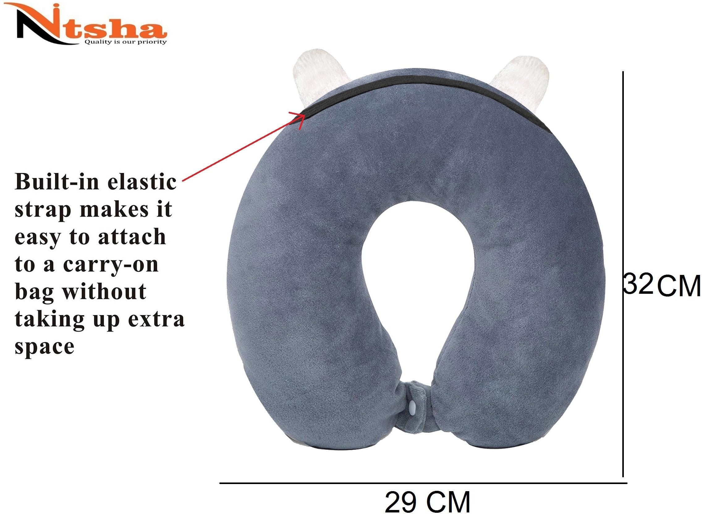 Nitsha Velvet Cute Cartoon Neck Pillow & Sleeping Eye Mask Set - Soft Travel Pillow for Airplane, Office & Home Use - Grey Comfort Combo for Men & Women
