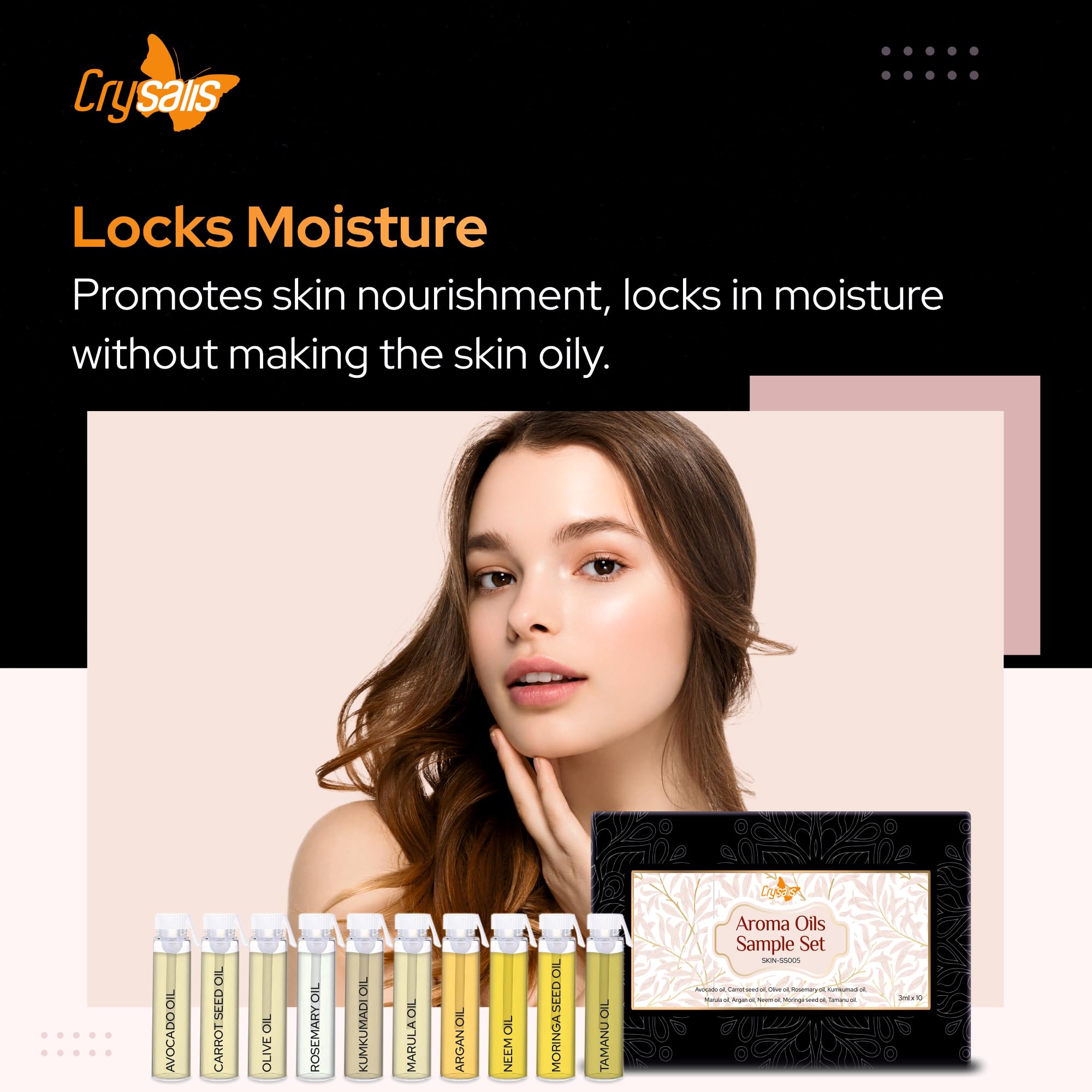 Organic Crysalis Skin Care Oil Set - 10 x 3ml (Avocado, Carrot Seed, Olive, Rosemary, Kumkumadi, Marula, Argan, Neem, Moringa, Tamanu) | Natural Face & Hair Treatment | Perfect for DIY Beauty, Massage & Aromatherapy