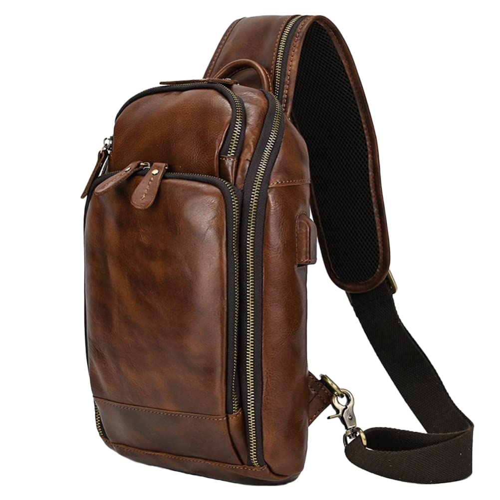 Vintage Genuine Leather Messenger Bag for Men - Small Crossbody Sling Bag with Adjustable Strap, Travel Hiking Chest Shoulder Daypack - Fits iPad & Essentials - Perfect for Work Commute, Outdoor Adventures & Daily Use