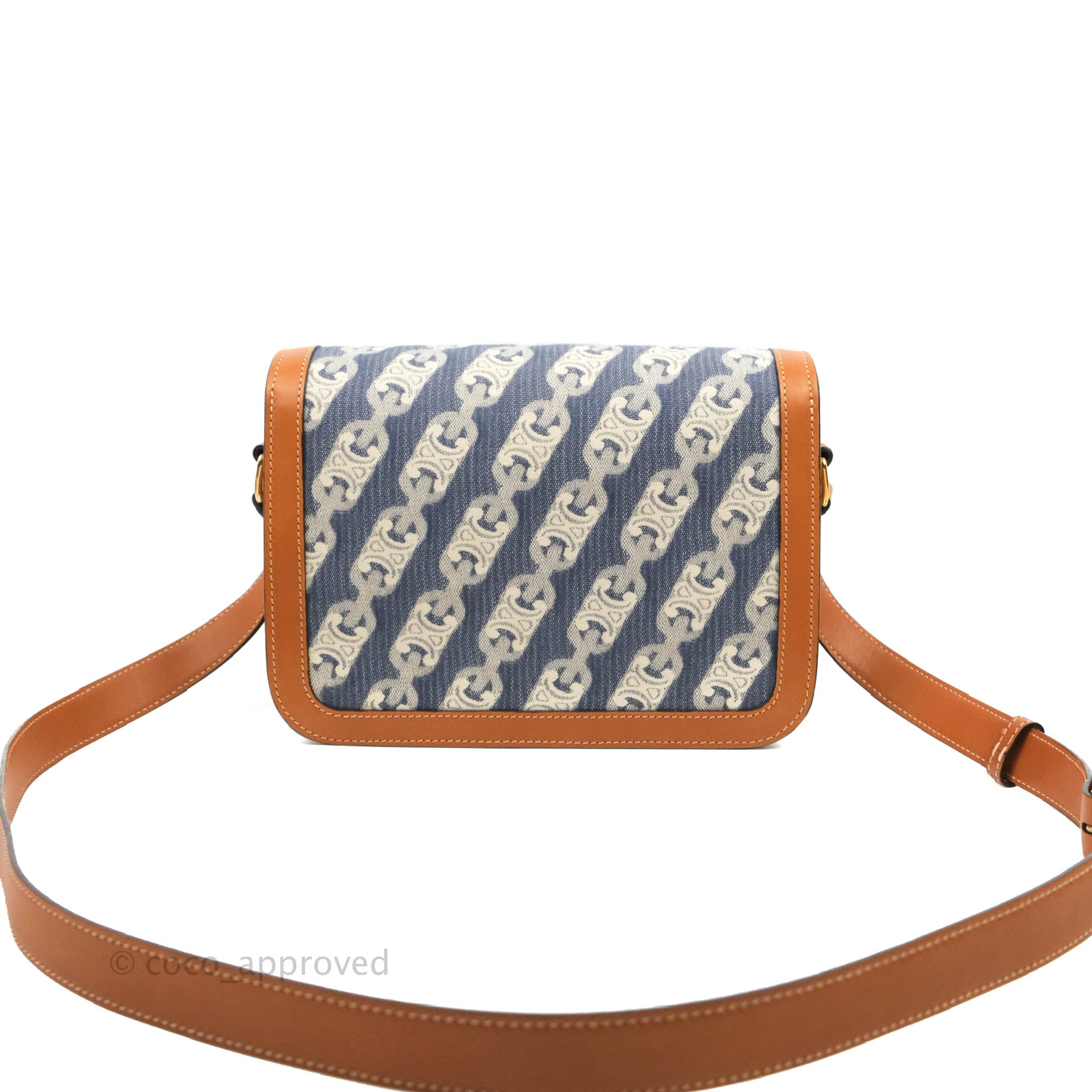 Celine Medium Triomphe Bag in Jacquard Canvas & Tan Calfskin with Chain Strap - Luxury Crossbody Purse for Women, Perfect for Work, Date Night & Travel