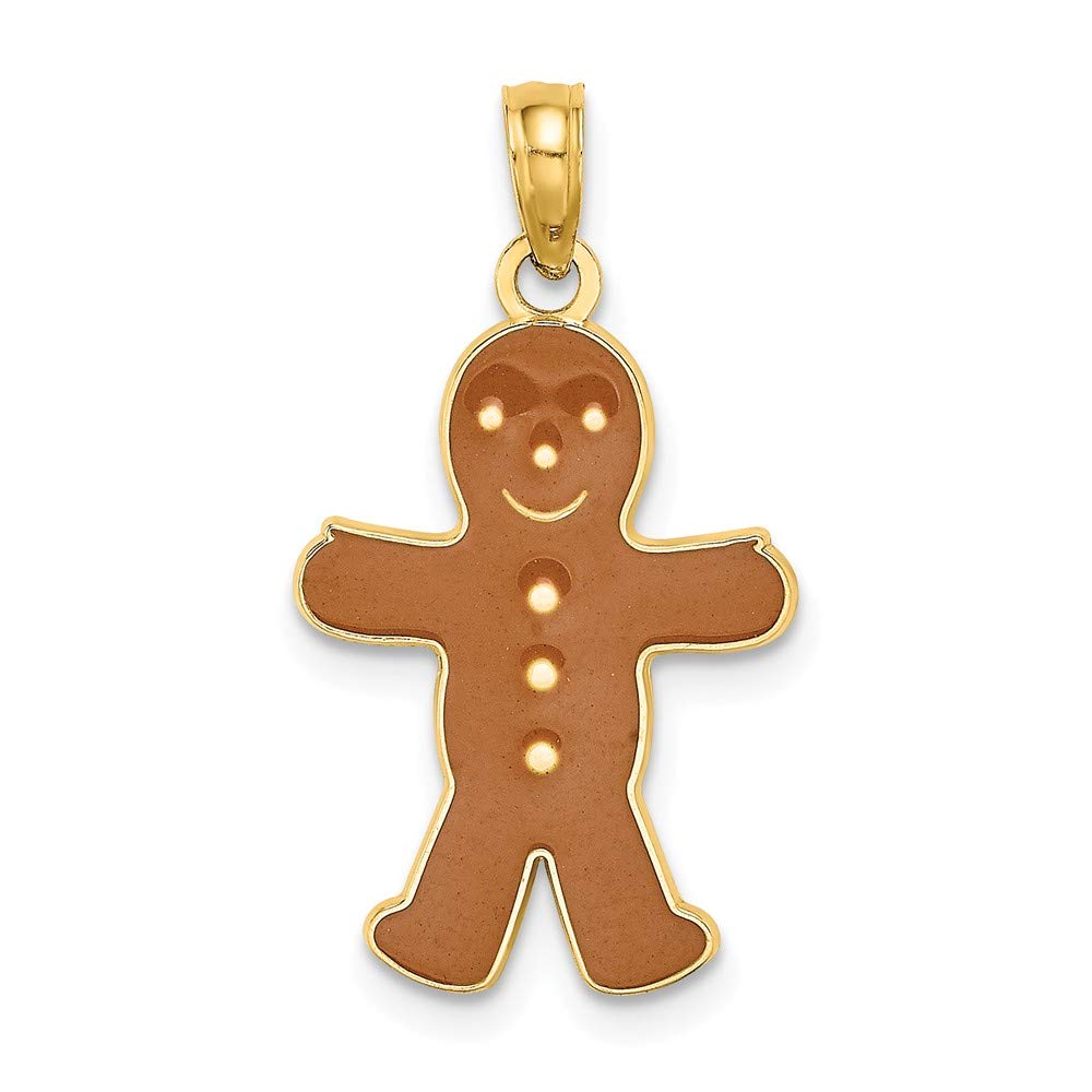 14K Yellow Gold 3D Enamel Gingerbread Man Charm Pendant - 22mm x 13mm - Perfect for Christmas Jewelry, Holiday Gifts & Winter Fashion Accessories