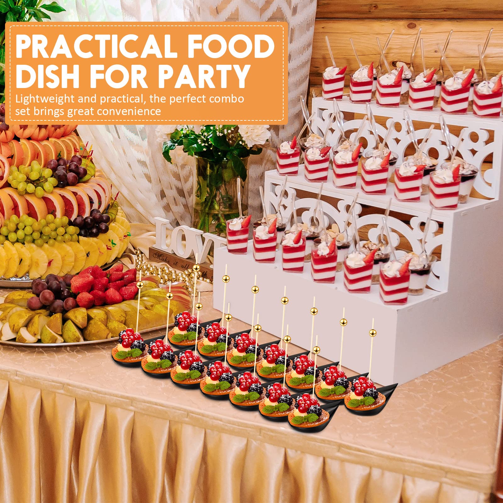 400 Pcs 4 Inch Black Tear Drop Mini Appetizer Plates & 200 Plastic Tasting Spoons with 200 Pearl Toothpicks - Elegant Catering Supplies for Wedding, Party, Cocktail Events - Perfect for Hors d'oeuvres, Desserts, and Finger Food Serving