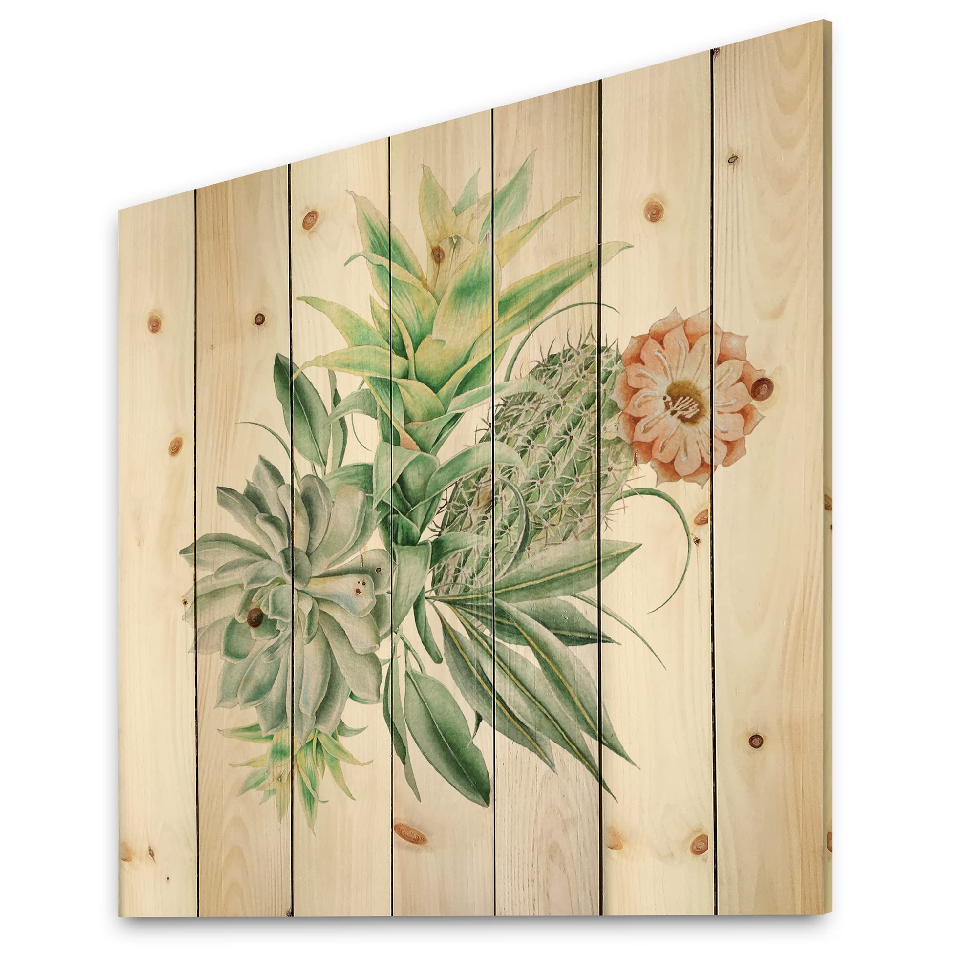 DesignQ Cactus & Succulent Bouquet Wood Wall Art - Large Floral Pine Wood Panel Decor for Living Room, Bedroom & Office - Traditional Green Botanical Wall Hanging