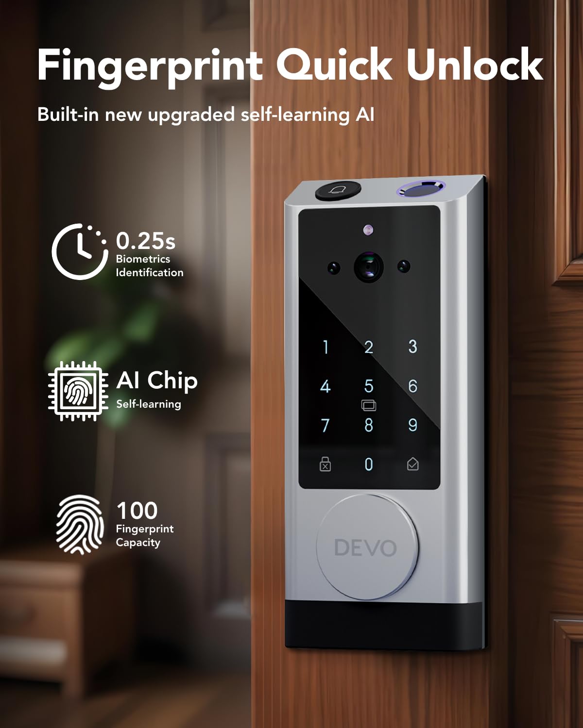 Devo G1 Smart Video Door Lock with Camera & Doorbell - 6-in-1 Keyless Entry, Fingerprint ID, Auto Lock, Wi-Fi Enabled Smart Deadbolt - BHMA Grade 3 Secure Front Door Lock - Easy Installation & Waterproof - Perfect for Home Security, Vacation Rentals & Smart Home Integration