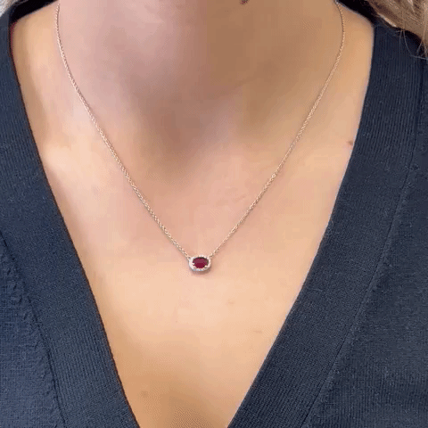 Elegant 18K Gold Oval Red Ruby and Diamond Halo Necklace (0.59 ct) - Perfect for Anniversary Gifts, Valentine's Day & Special Occasions